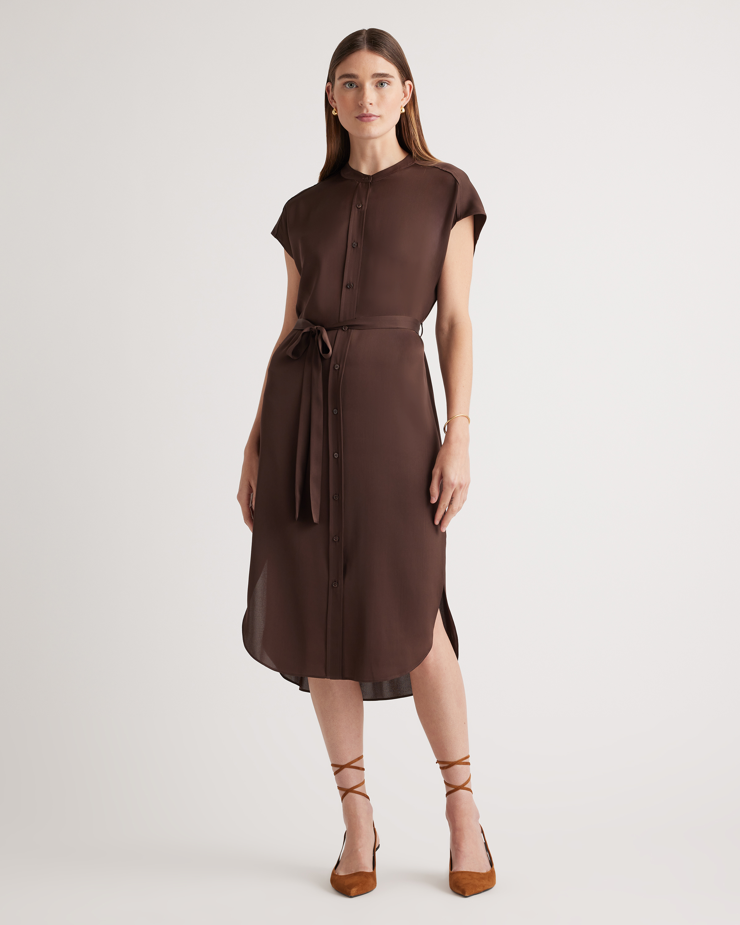 Hot Fudge Washable Stretch Silk Midi Shirt Dress