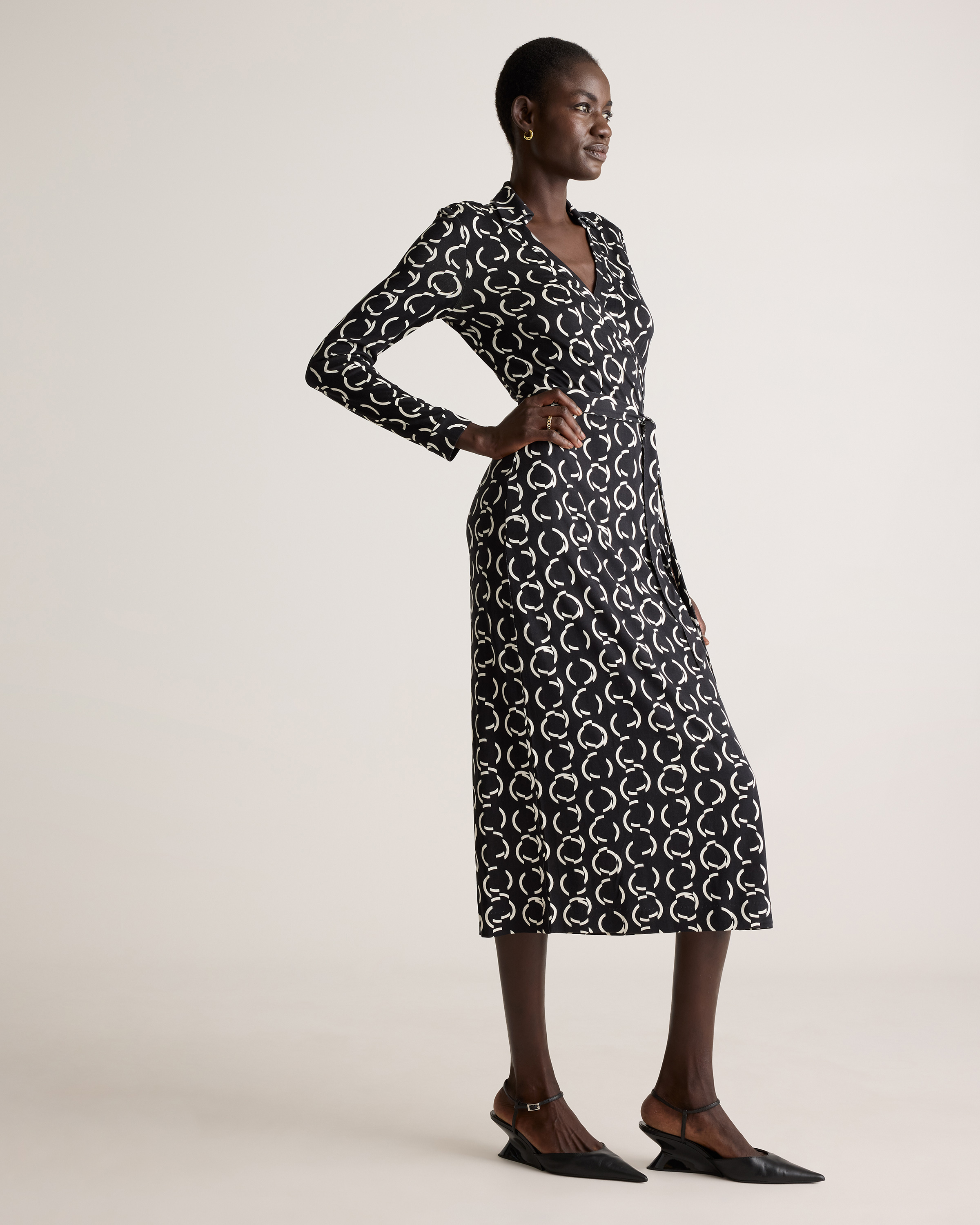 100% Silk Jersey Midi Wrap Dress in Circular Contrast