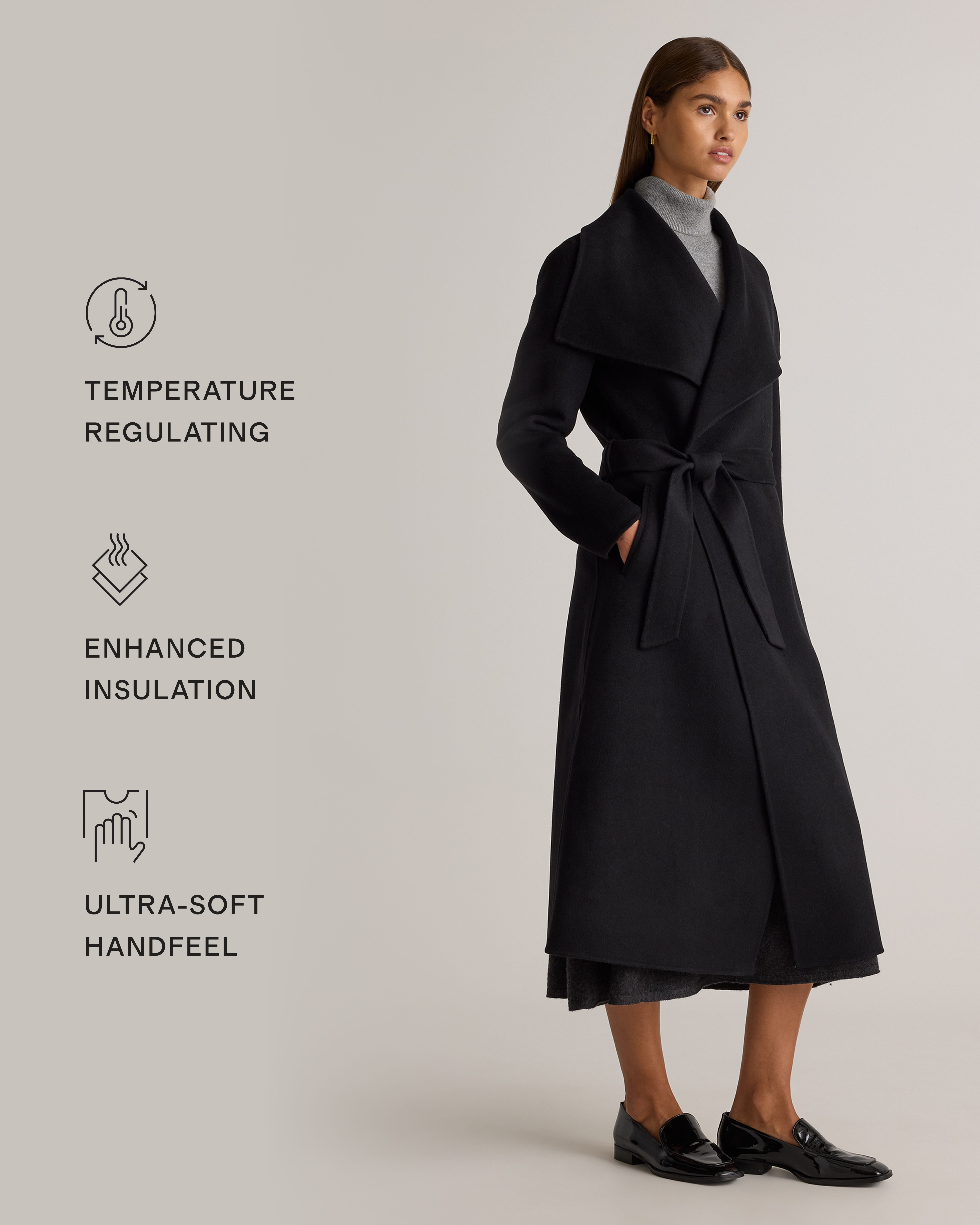 Double-Faced Merino Wool Draped Collar Wrap Coat in Black