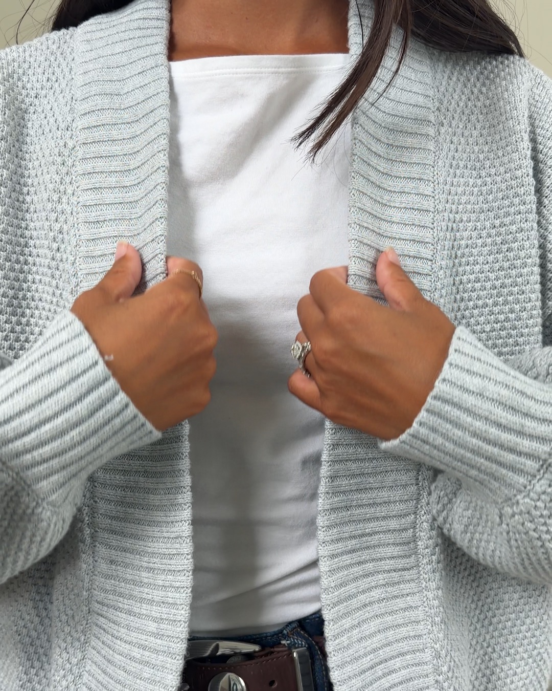 100% Organic Cotton Waffle Stitch Open Cardigan - PDP Video Thumbnail (Heather Dove Grey, 4x5)