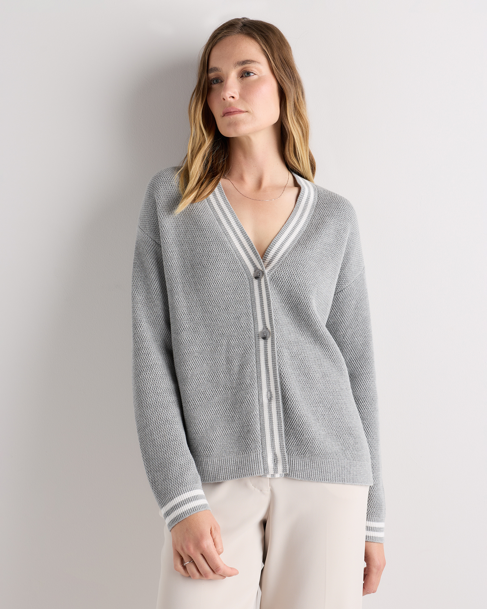 Heather Grey / Classic White Stripe Cotton Cashmere Textured Varsity Cardigan