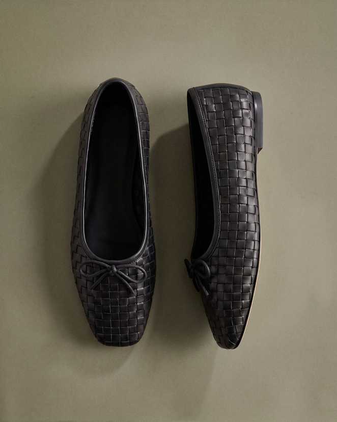 Black Italian Leather Handwoven Square Toe Ballet Flat