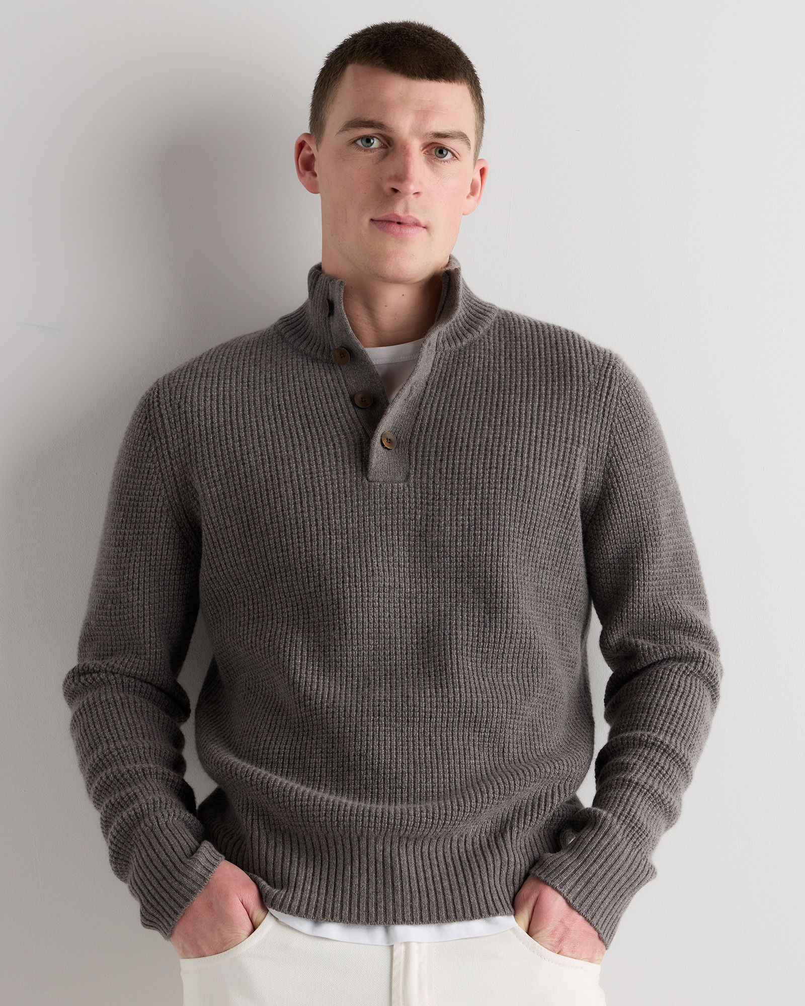 Elk Brown Mongolian Cashmere Waffle Quarter Button Sweater