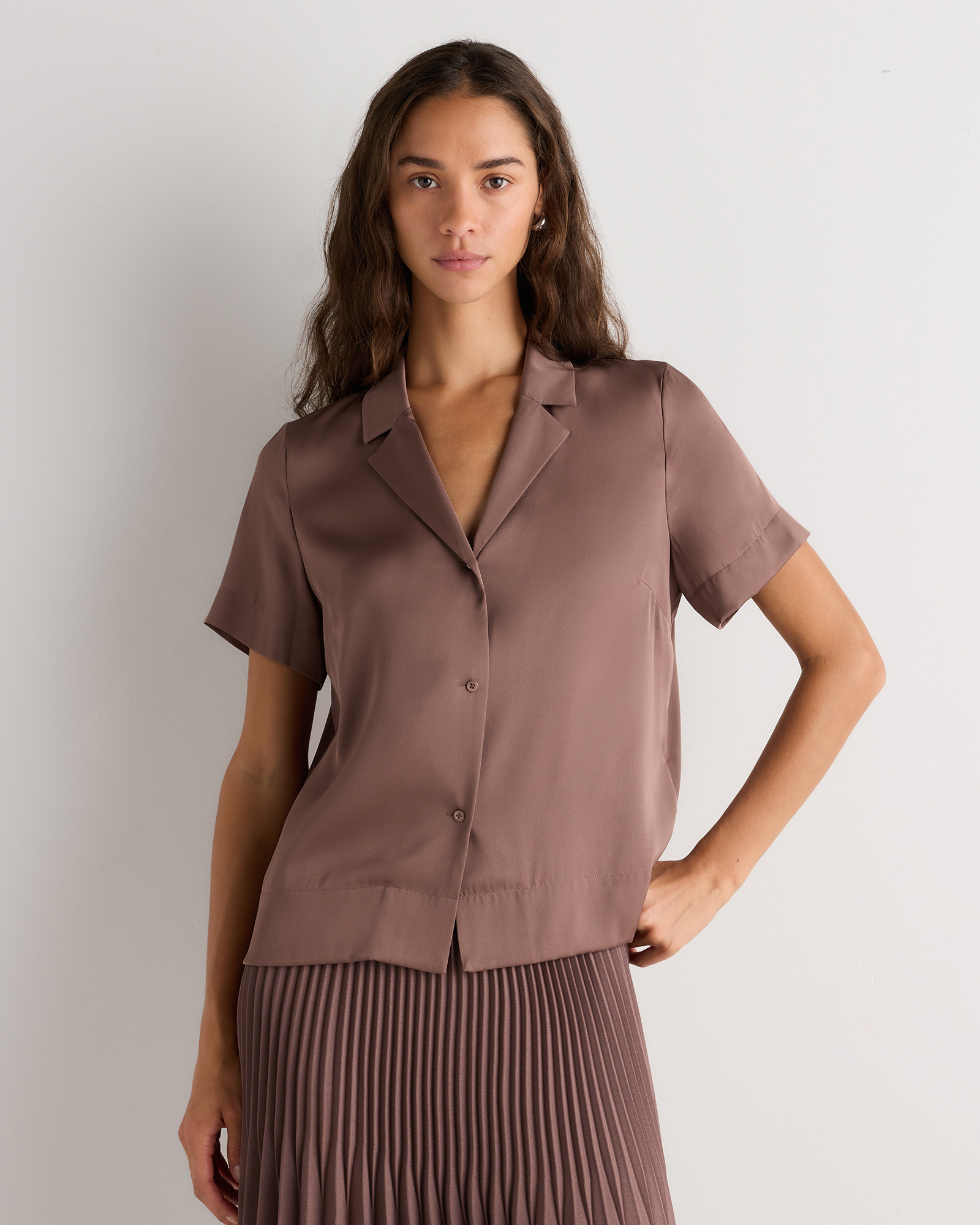 Mink Taupe Washable Stretch Silk Short Sleeve Notch Collar Blouse