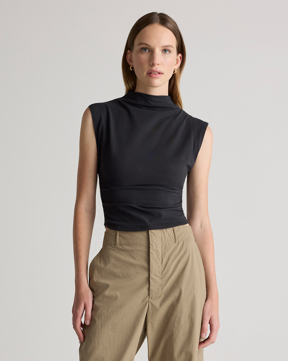 Quince Stretch Cotton Jersey Sleeveless Mock Neck Top in Black