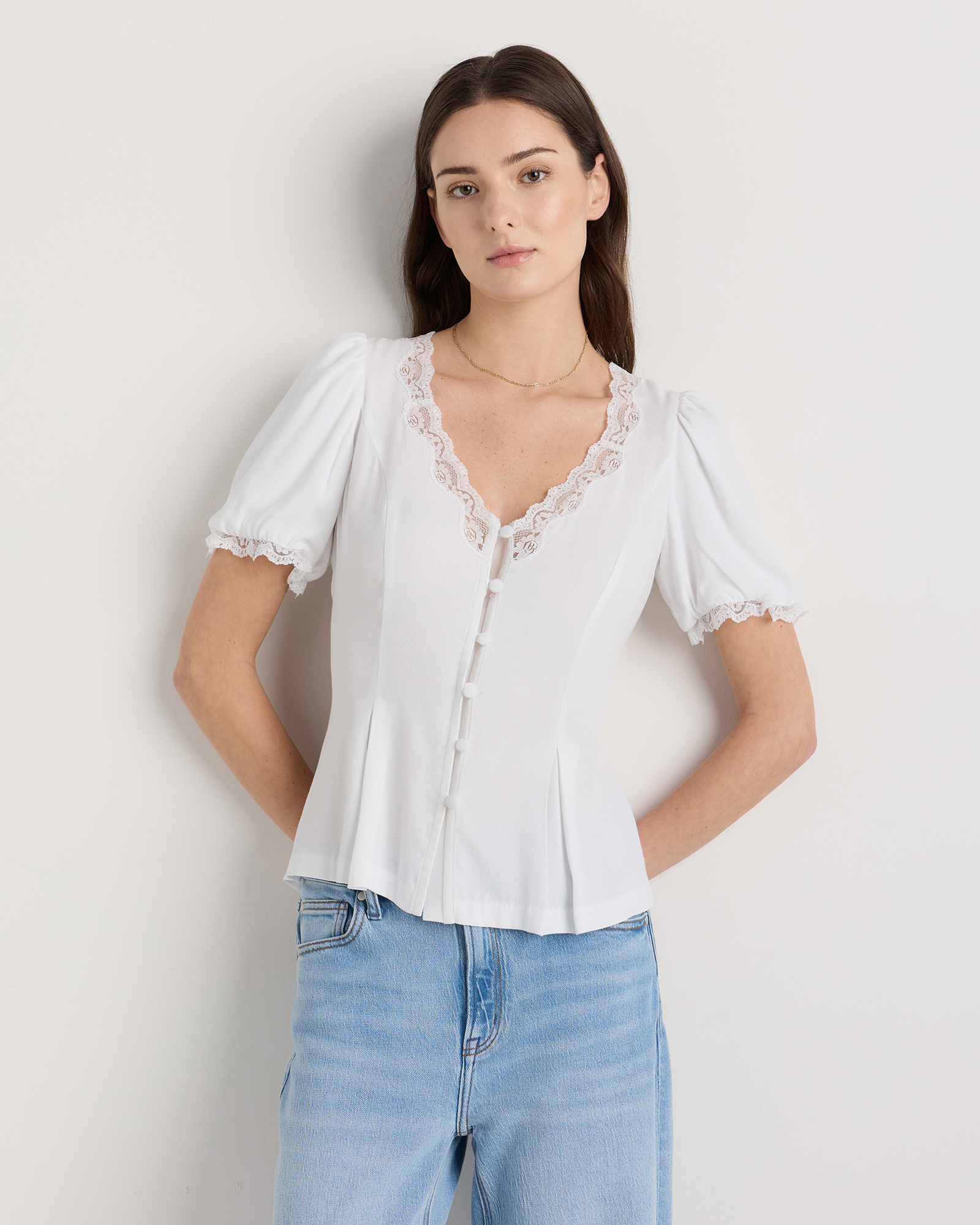 Ivory Lightweight Crepe Lace Puff Sleeve Blouse