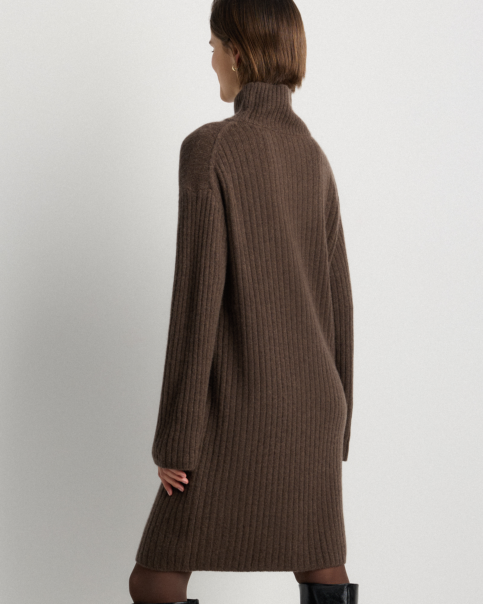 quince sweater dress Women's Mongolian Cashmere Ribbed Turtleneck Mini in Brown, Size XS by A cashmere sourced directly from Mongolia Cotton Cashmere Ribbed Long Sleeve