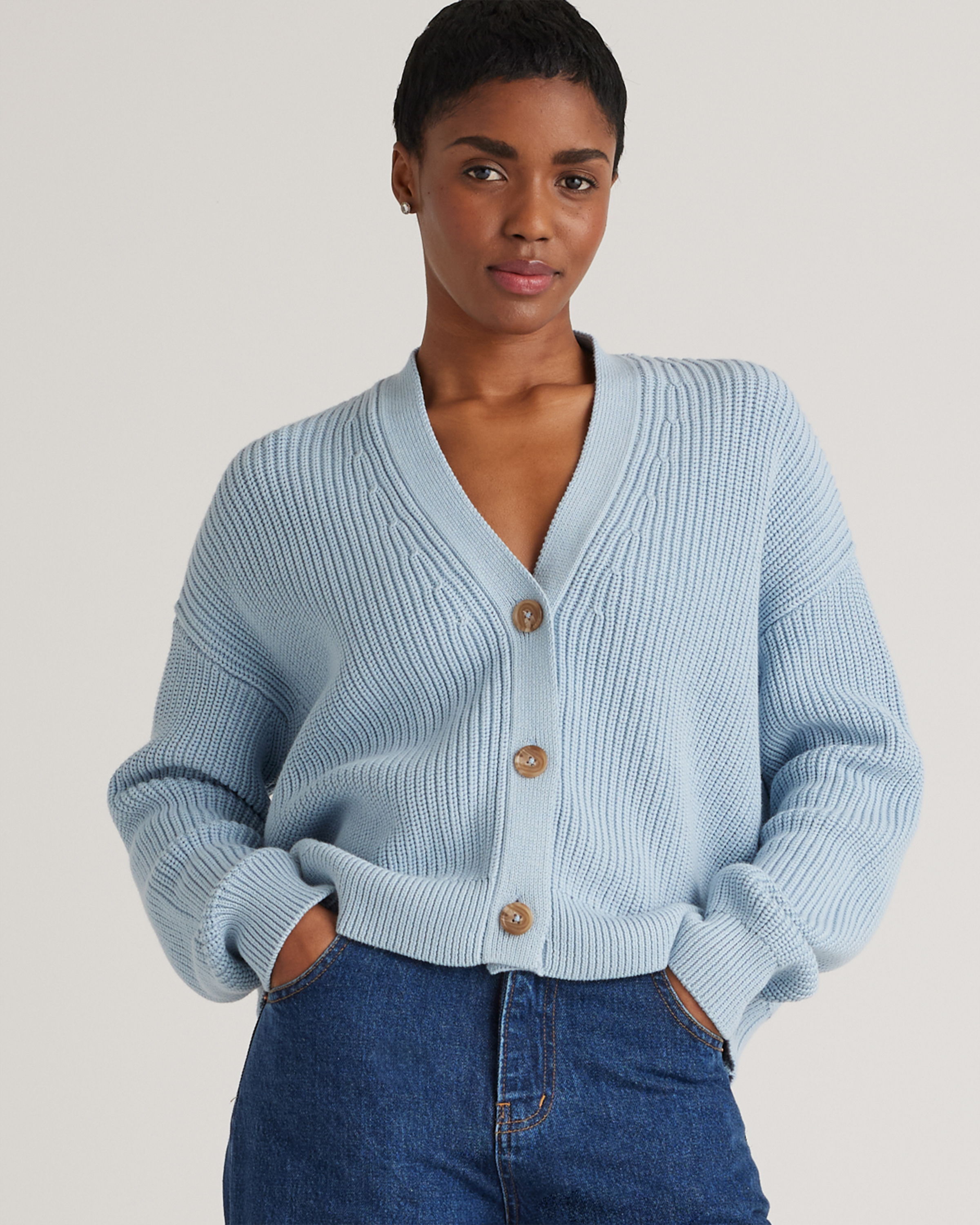 100% Organic Cotton Fisherman Boxy Cropped Cardigan in Sky Blue