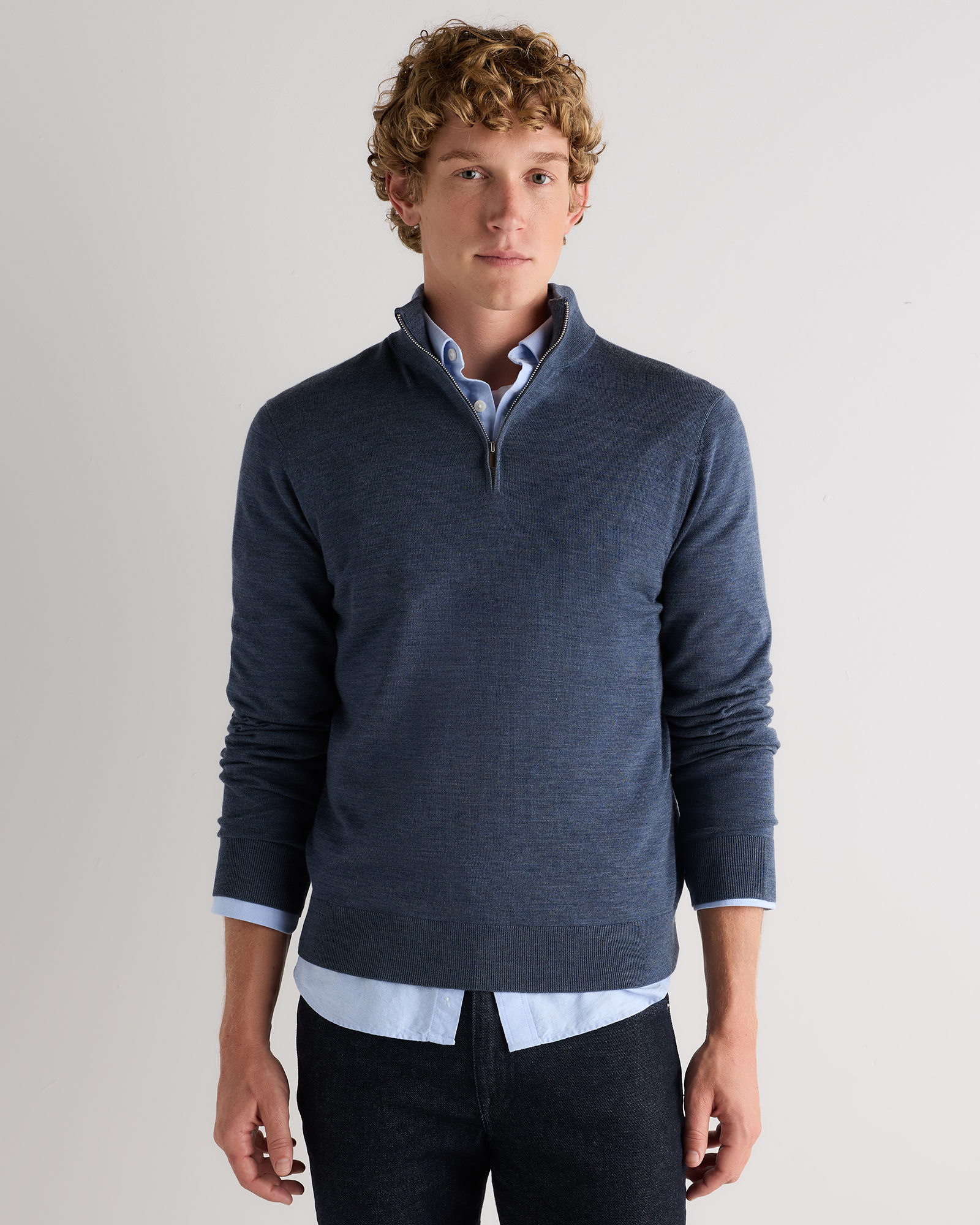 Heather Navy Worsted Merino Wool Quarter Zip Sweater