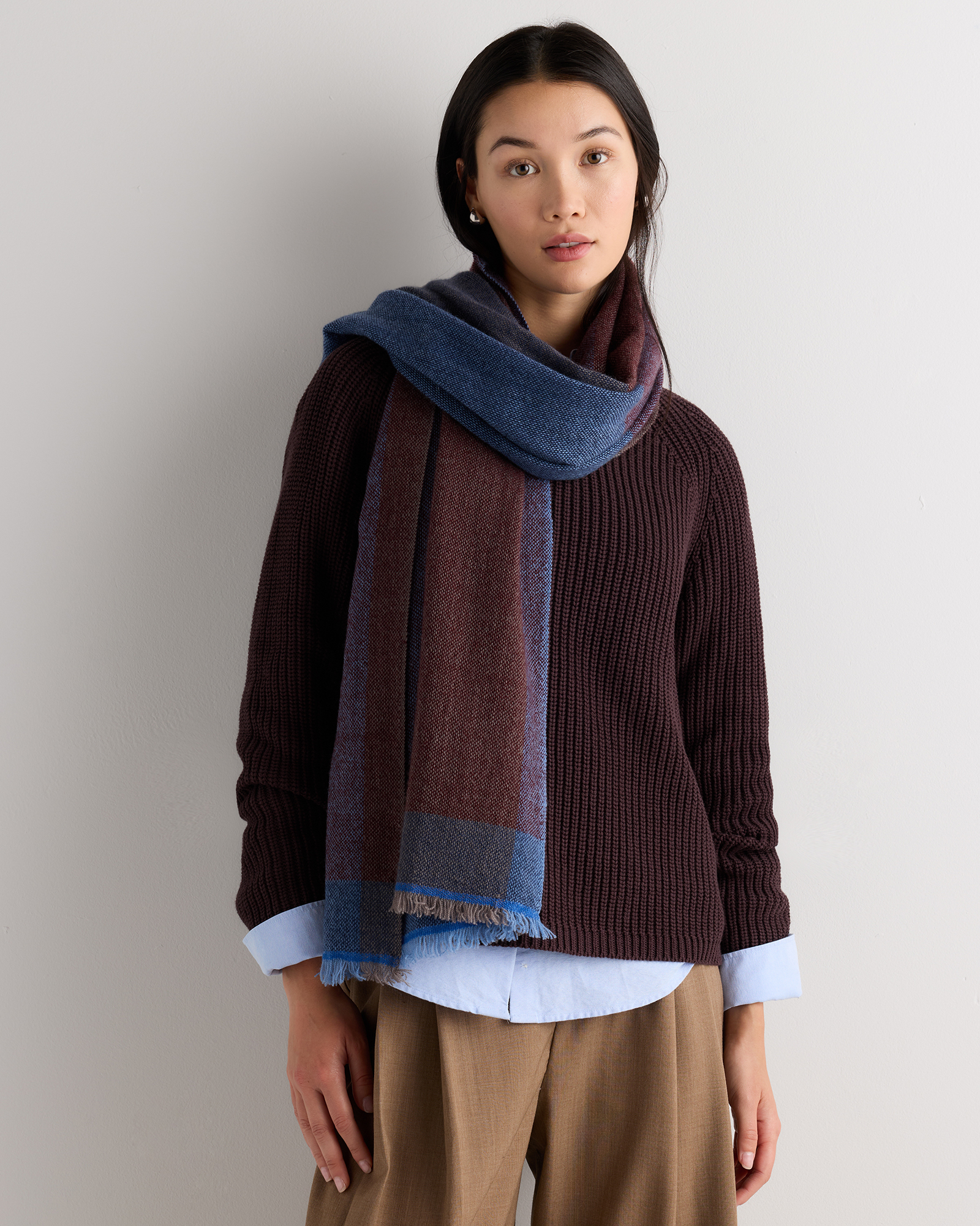 Navy/Burgundy Chambray Colorblock Cashmere Woven Scarf
