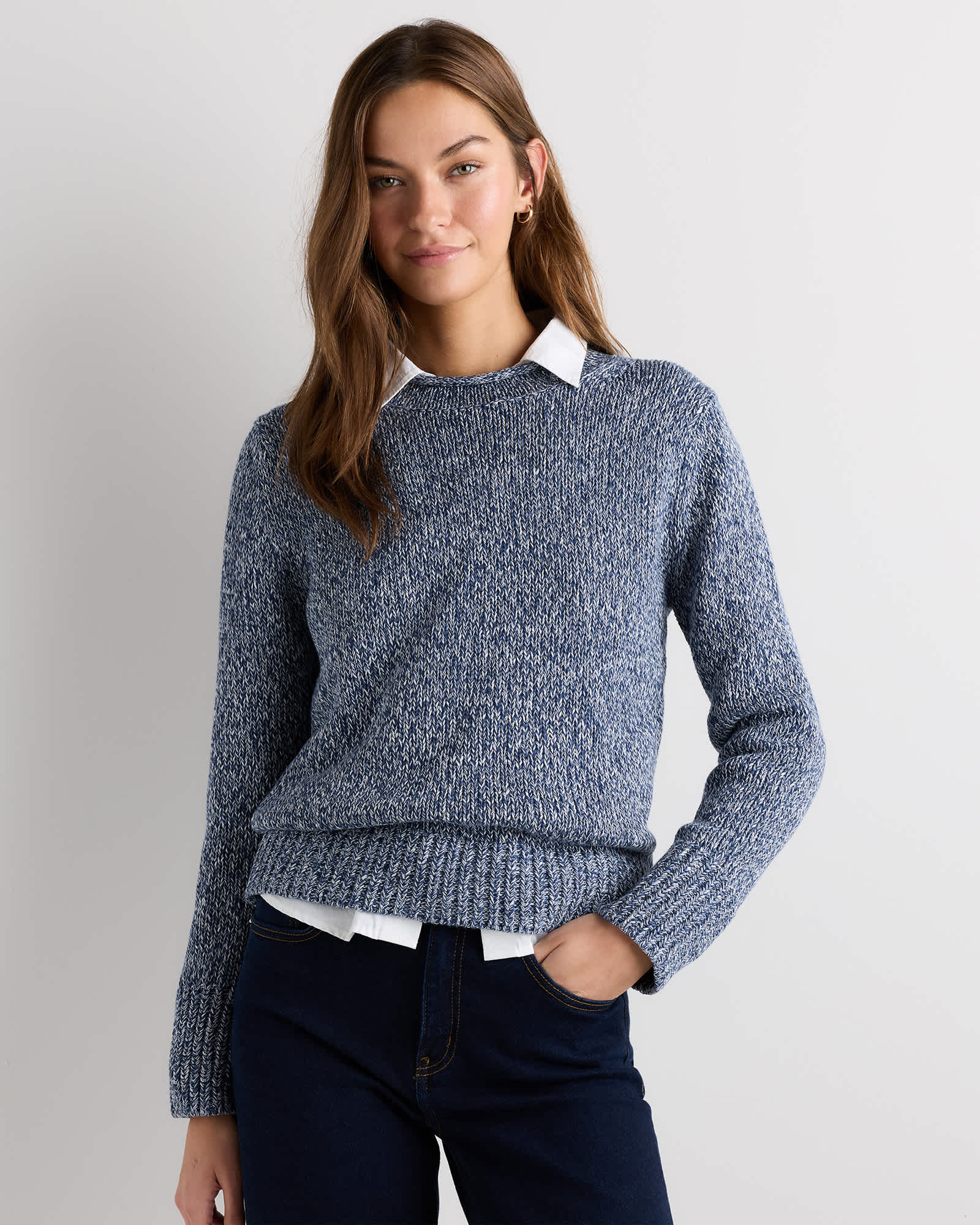 Red Black Variegated Thread Women's 100% Organic Cotton Roll Neck Sweater in Twilight Blue Marl ...