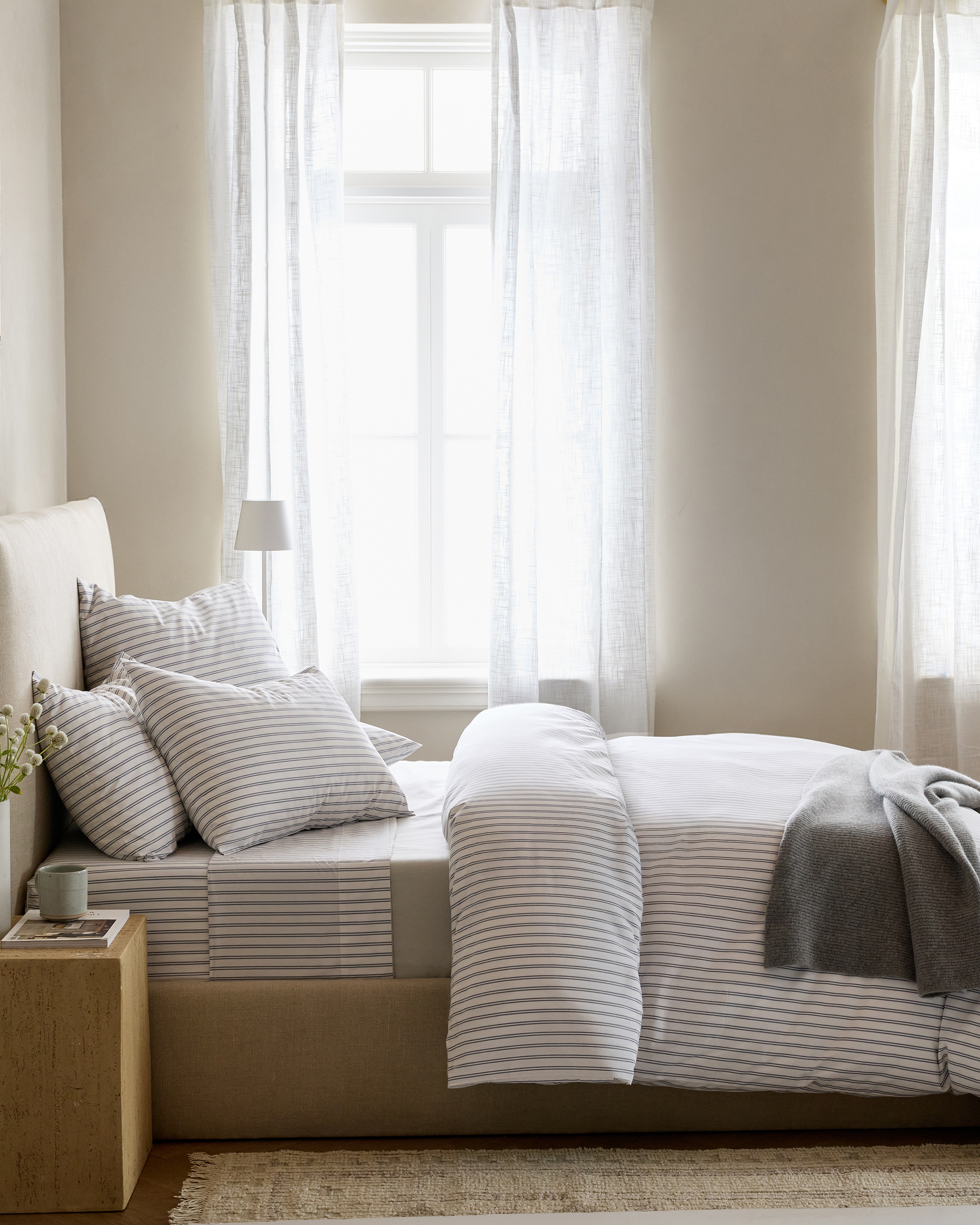 White/Mineral Classic Organic Percale Double Stripe Duvet Cover