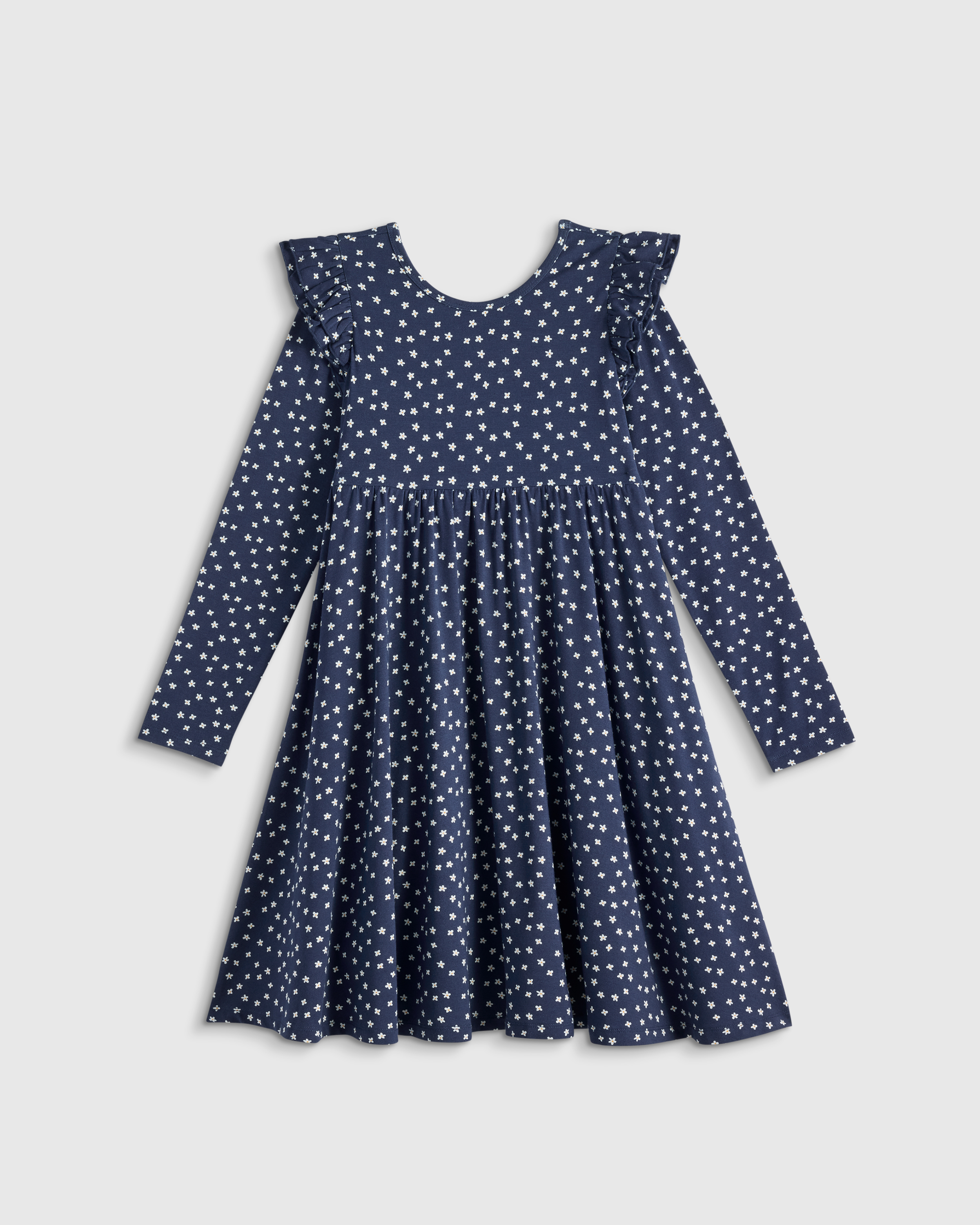 Navy Blossoms Bamboo Long Sleeve Flutter Twirl Dress