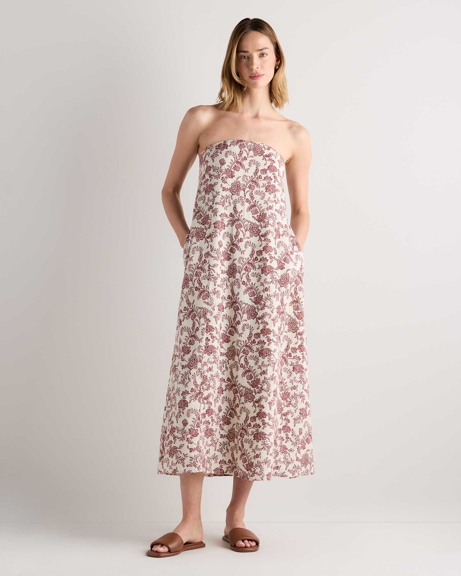 100% European Linen Strapless Maxi Dress in Brick Red Heirloom Floral 100% European Linen Strapless Maxi Dress in Brick Red Heirloom Floral