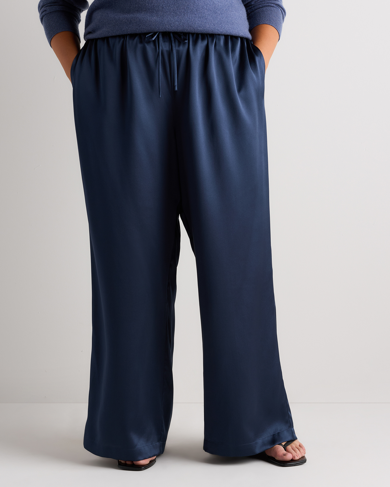 Navy 100% Washable Silk Drawstring Wide Leg Pants