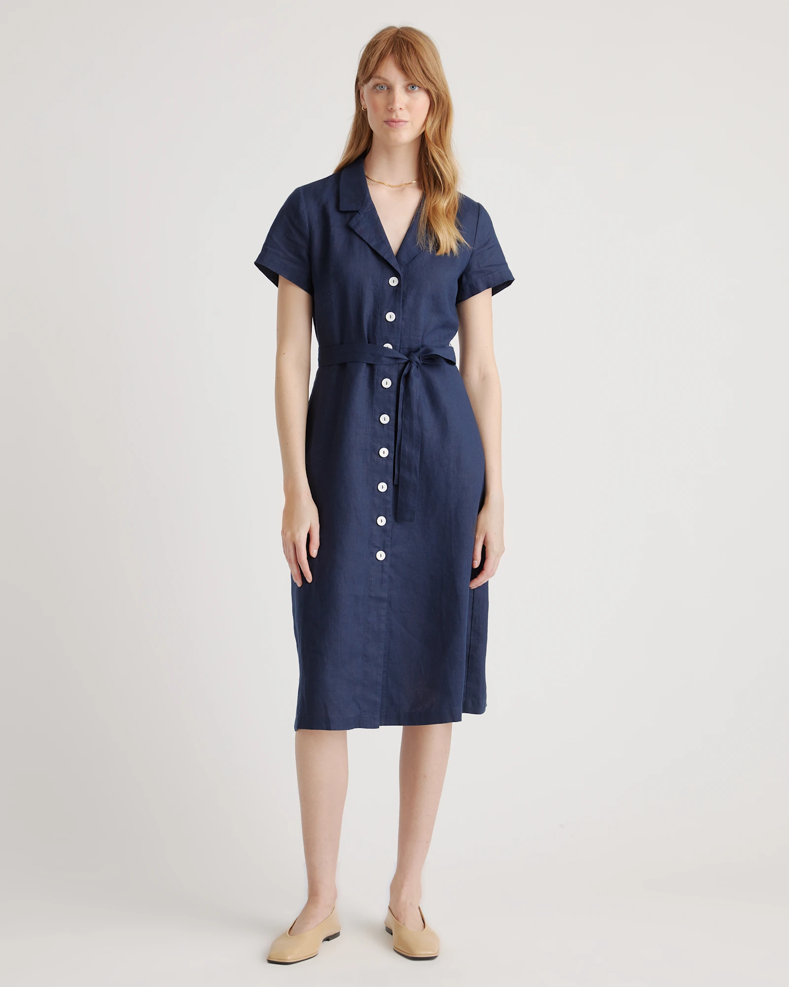navy dress blue buttons Women's 100% European Linen Button Front in Deep Navy, Size Medium by Quince 🏻 Available in All MStroke Priscilla Presley | -Priscilla Color:Mocha Gold