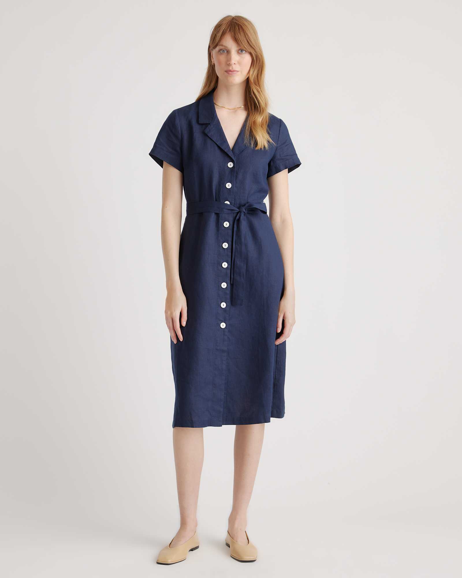 100% European Linen Button Front Dress in Deep Navy 100% European Linen Button Front Dress in Deep Navy