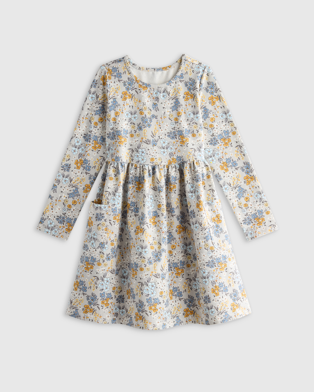 Grey Ditsy Floral Organic Cotton Long Sleeve Fit and Flare Pocket Dress 