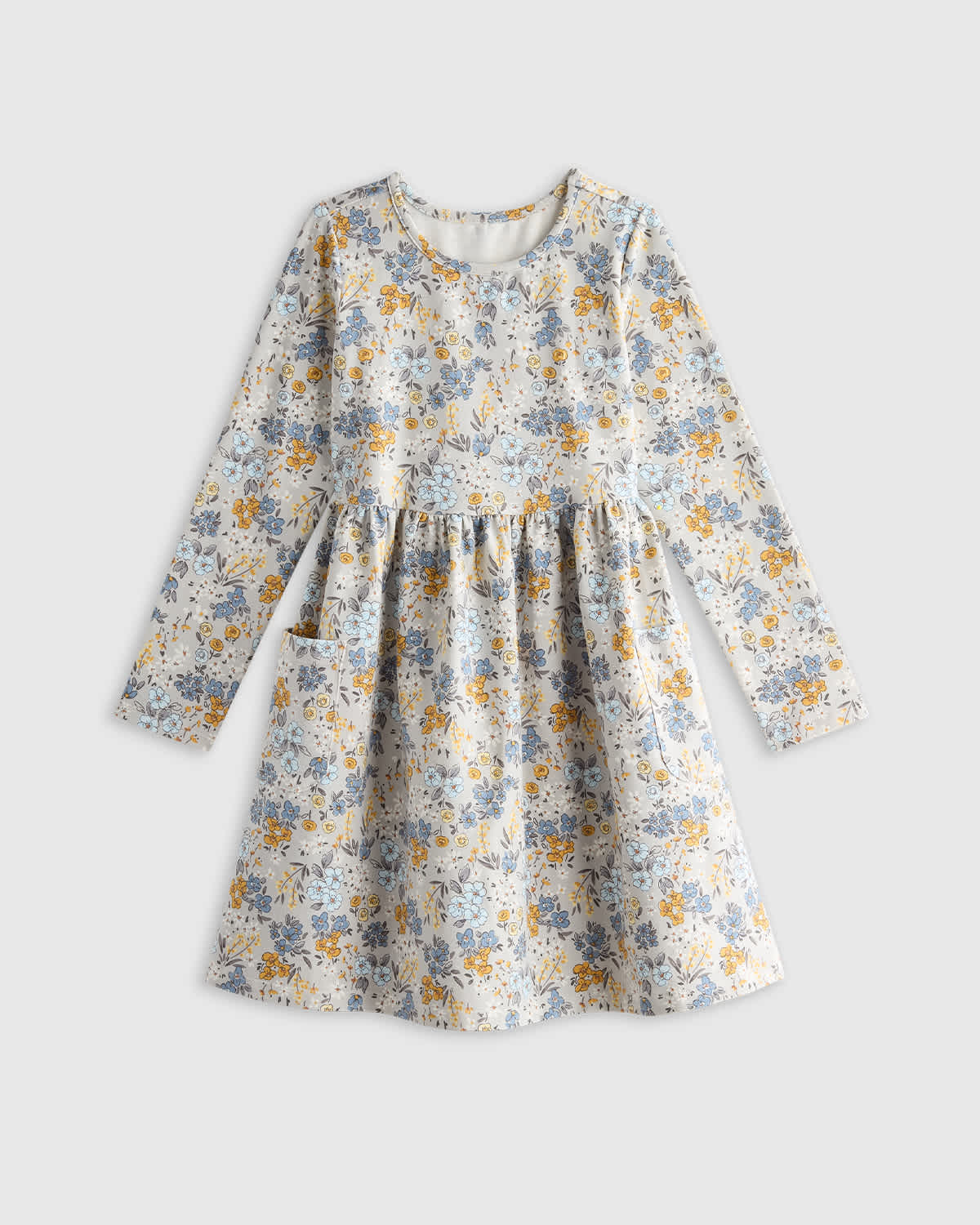 Long Sleeve Fit and Flare Pocket Dress in Grey Ditsy Floral, Size 8, Organic Cotton by Quince - Kid's Long Sleeve Fit and Flare Pocket Dress in Grey Ditsy Floral, Size 8, Organic Cotton by Quince - Kid's