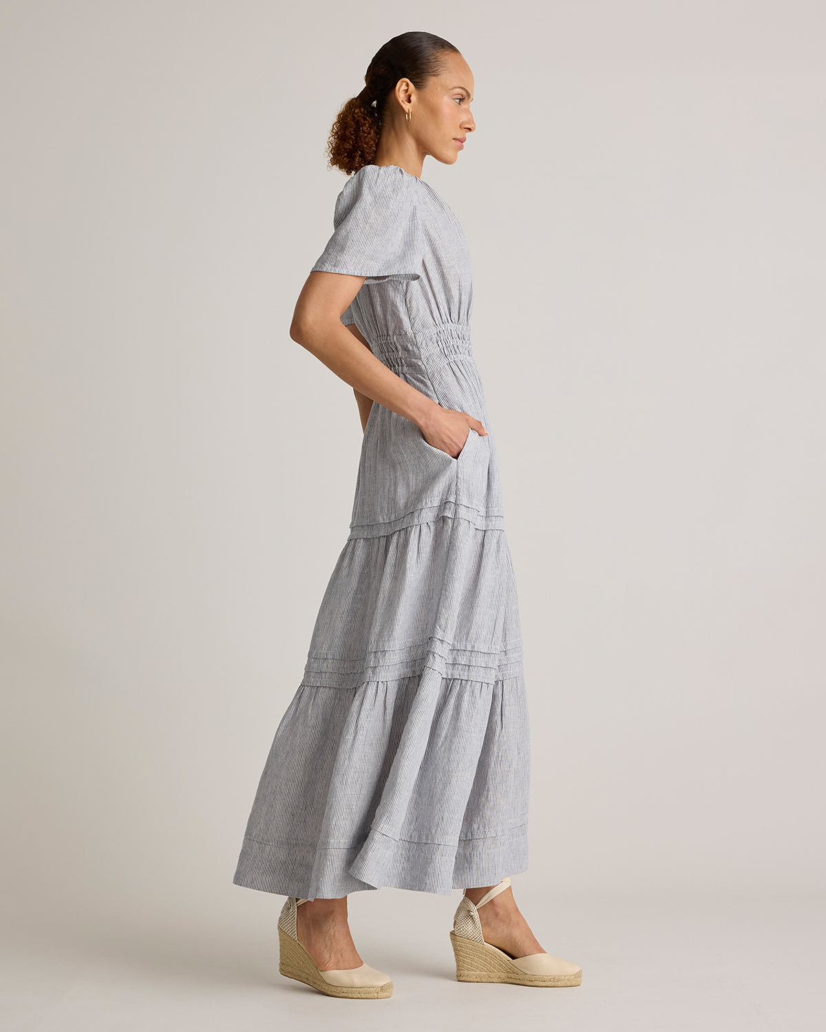midi linen dress with sleeves Women's Relaxed Linen V-Neck Dress