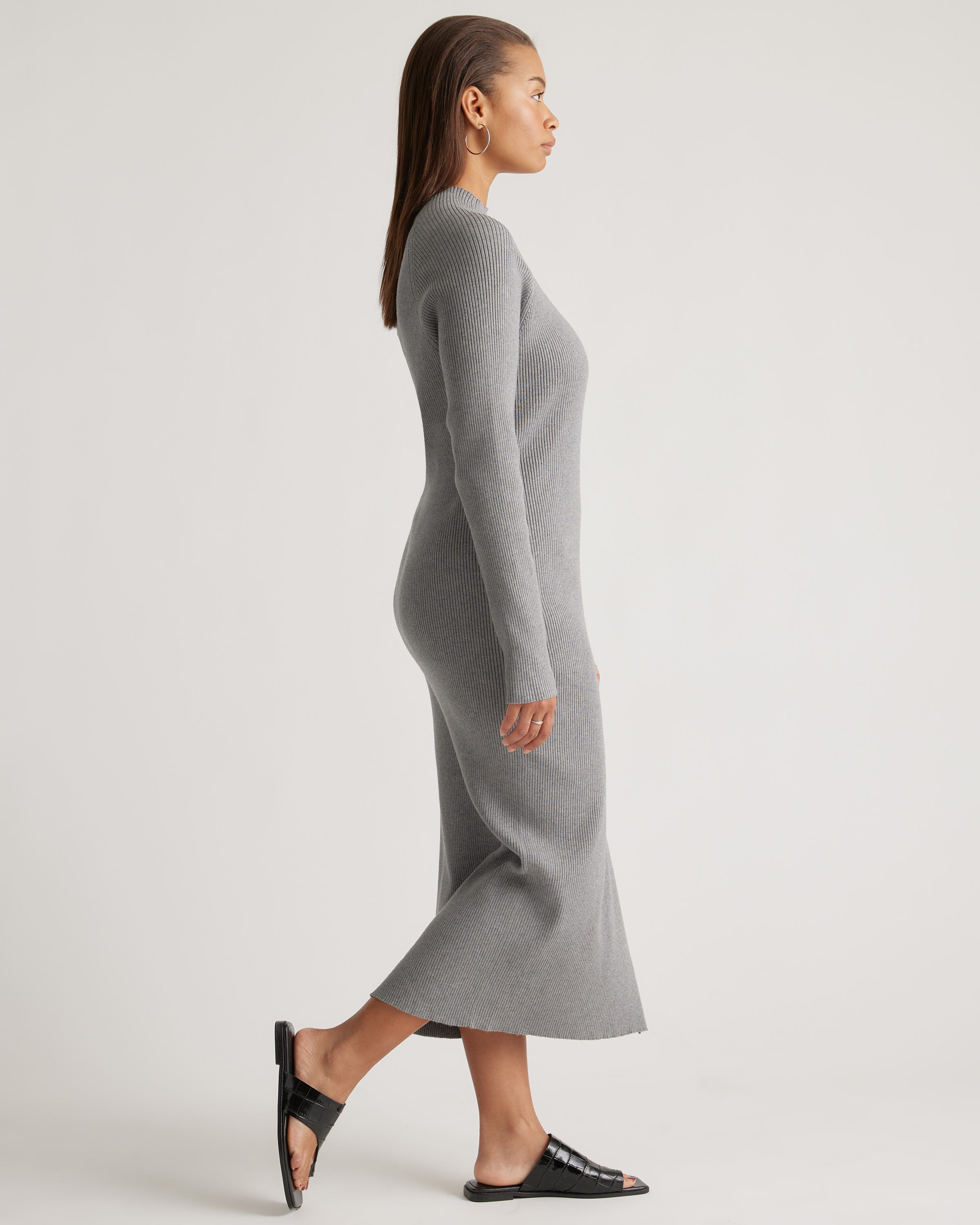 mock neck ribbed sweater dress Eco-Knit Ribbed Mock Neck Sweater Dress in Warm Taupe