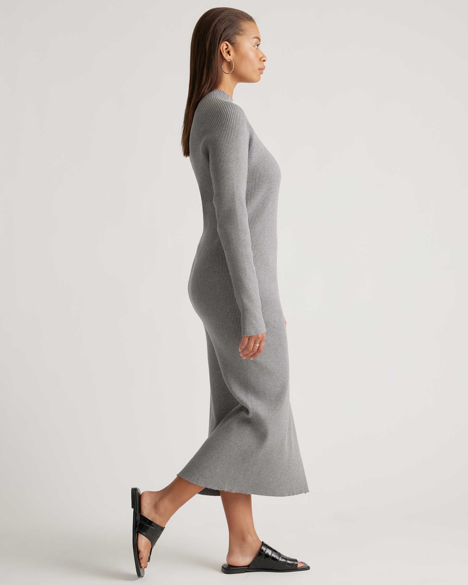 mock neck ribbed sweater dress Eco-Knit Ribbed Mock Neck Sweater Dress in Warm Taupe