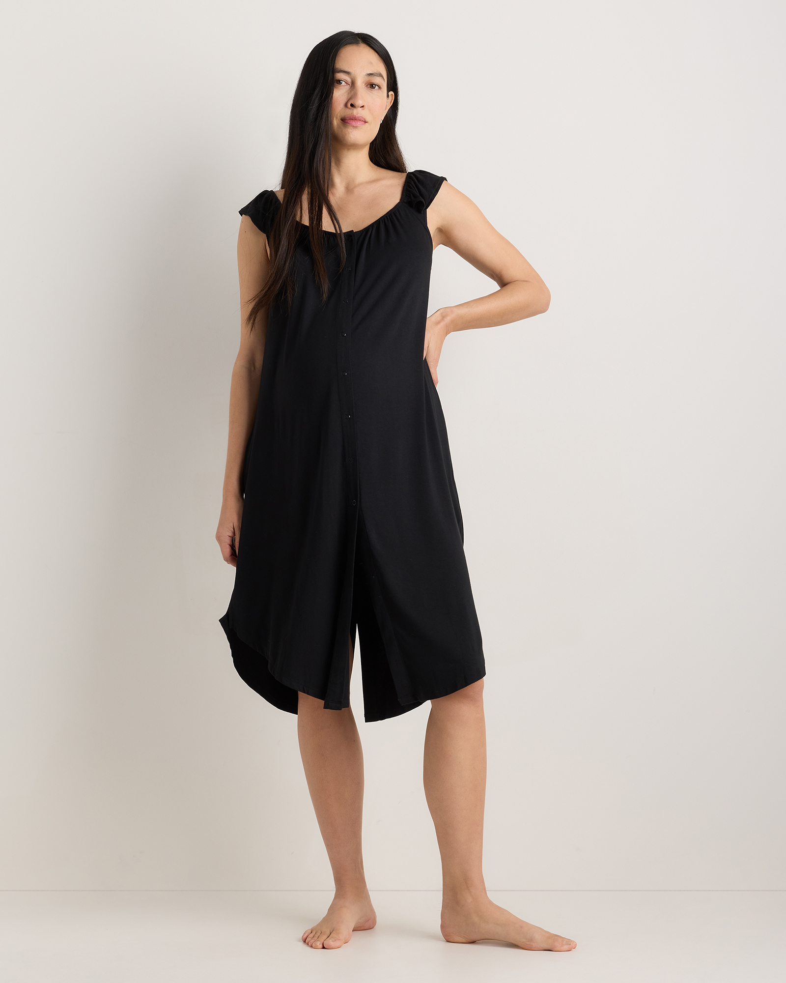 Black Bamboo Jersey Flutter Sleeve Labor and Delivery Gown