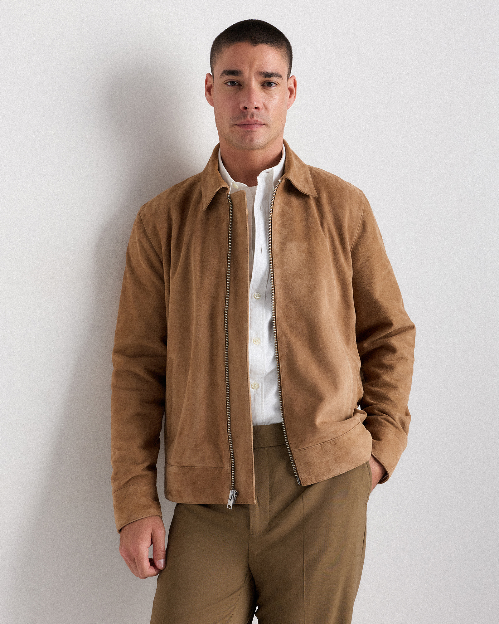 Pecan Brown Blouson Harrington en suède à 100 %