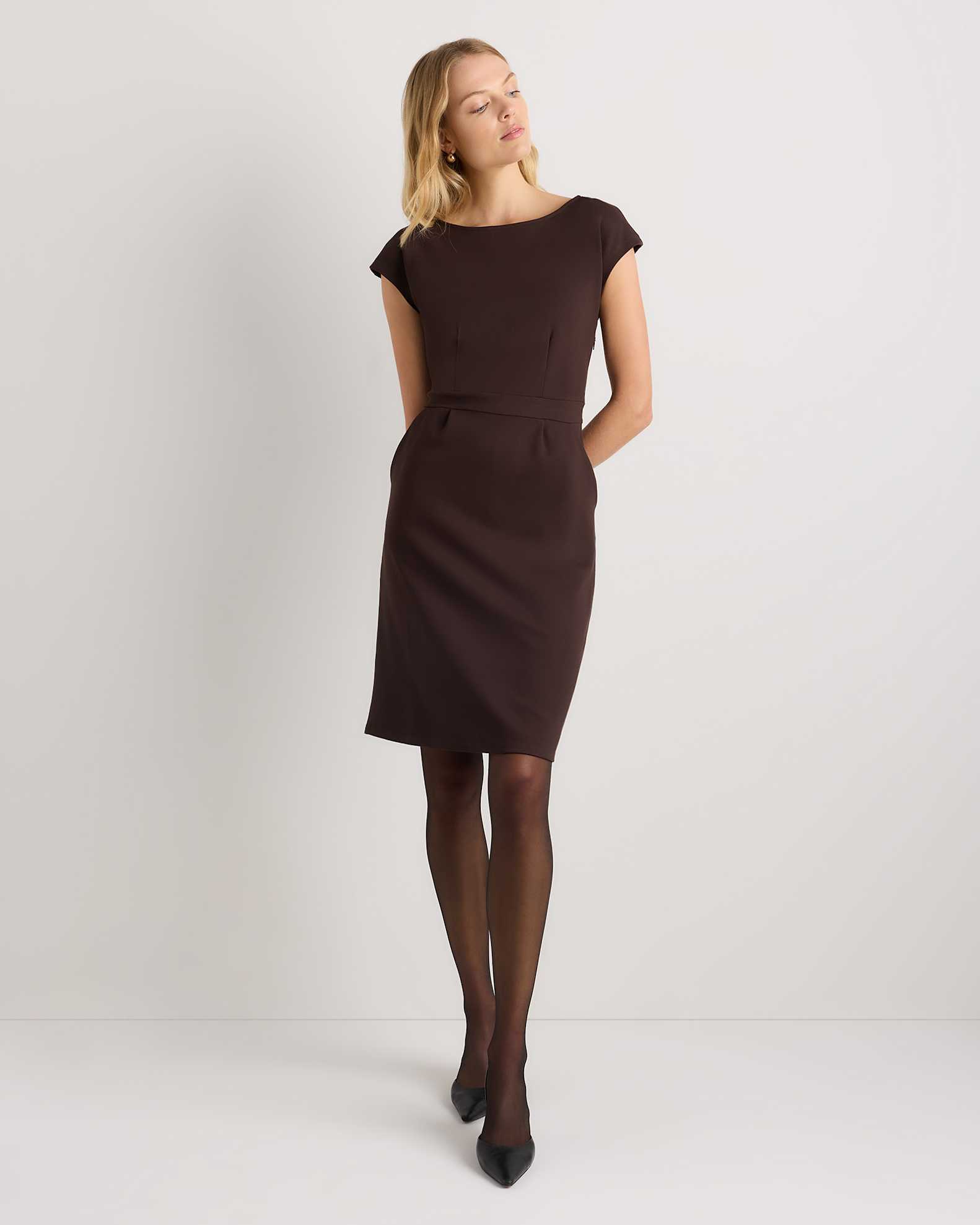 Quince Women's Ultra-Stretch Ponte Cap Sleeve Dress, Navy, Medium - Elegant & Comfortable Rayon Work or Date Night Outfit Quince Women's Ultra-Stretch Ponte Cap Sleeve Dress, Navy, Medium - Elegant & Comfortable Rayon Work or Date Night Outfit