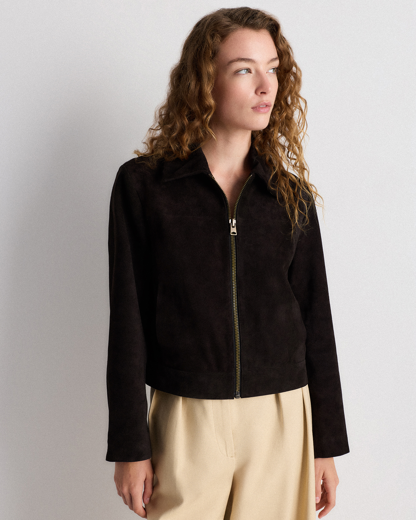 100% Suede Cropped Zip-Front Jacket