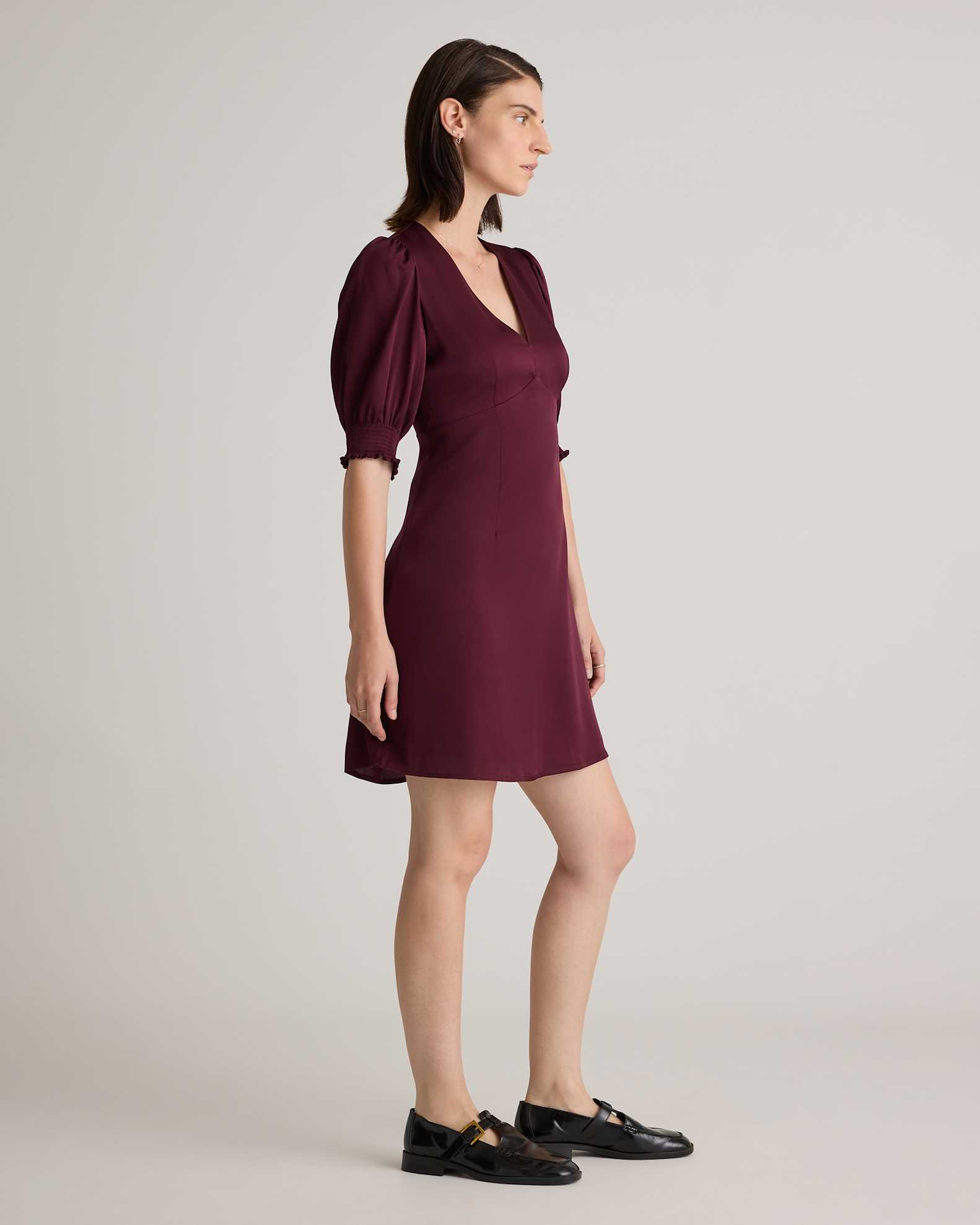 Washable Stretch Silk Puff Sleeve Mini Dress in Wine Tasting Red Washable Stretch Silk Puff Sleeve Mini Dress in Wine Tasting Red