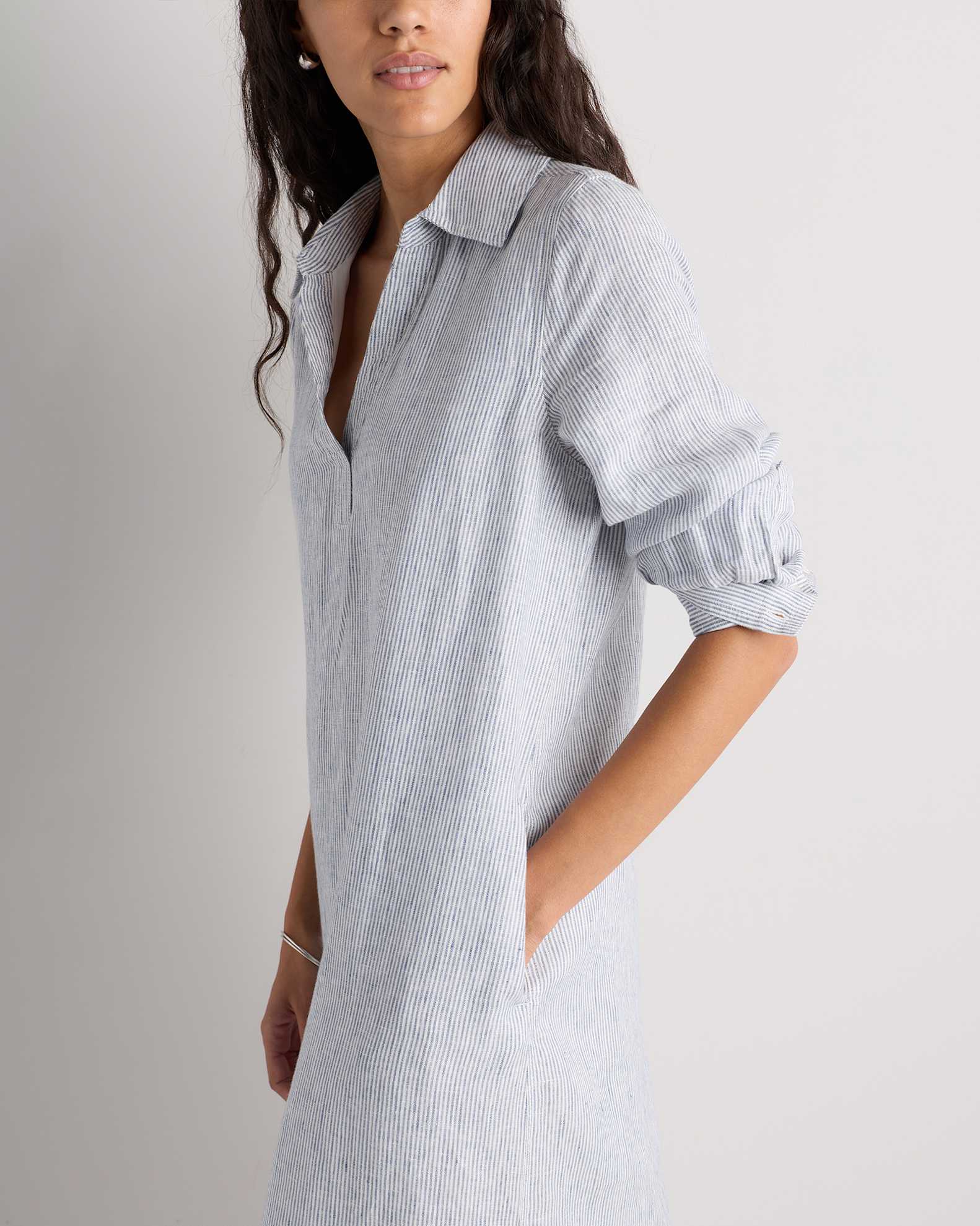 linen popover maxi dress Women's 100% European Linen Popover Maxi Dress in Blue Pinstripe, Size Medium by Quince