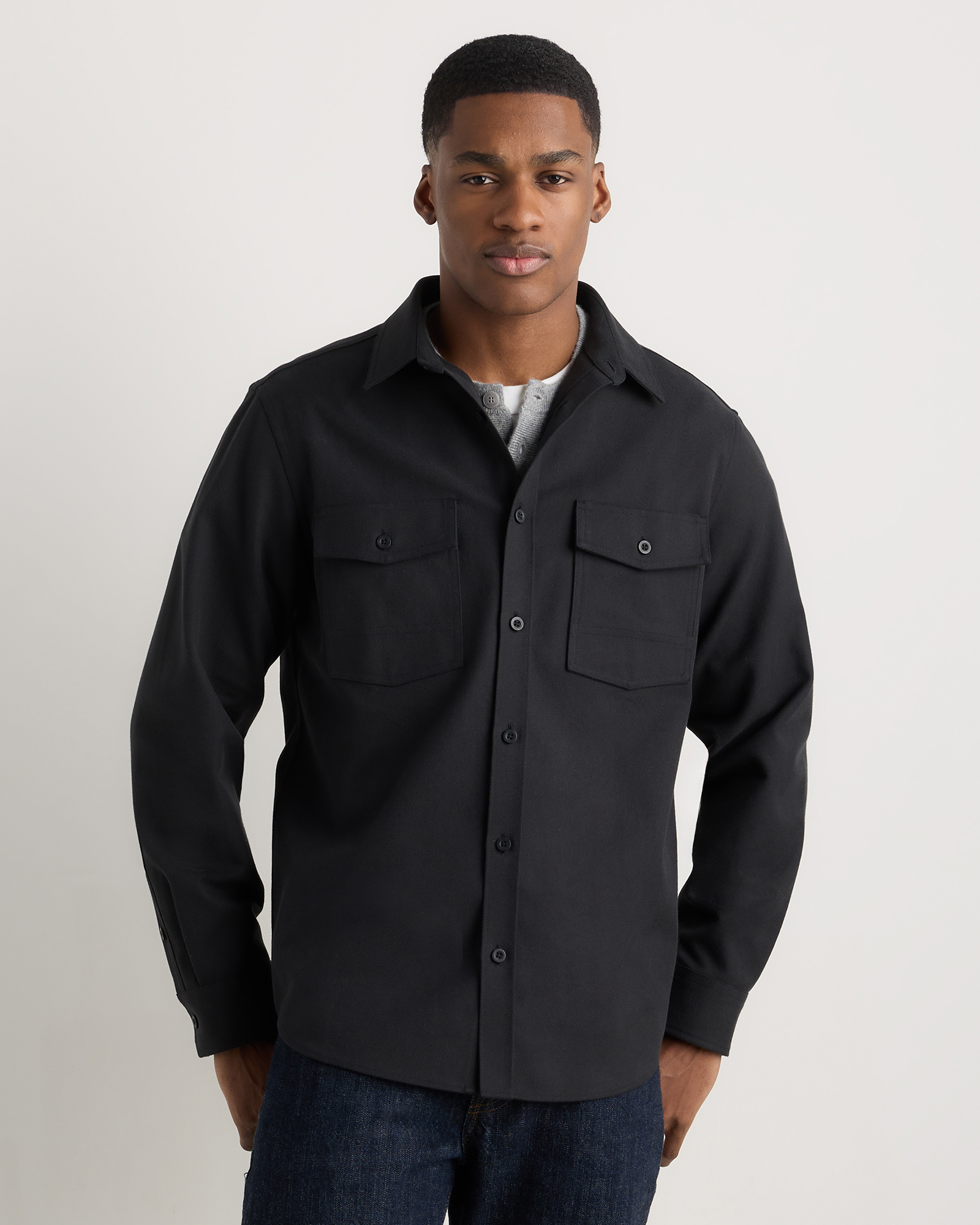 True Black Brushed Cotton Wool Utility Overshirt
