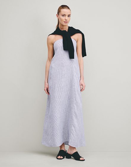 Blue Pinstripe 100% European Linen Strapless Maxi Dress