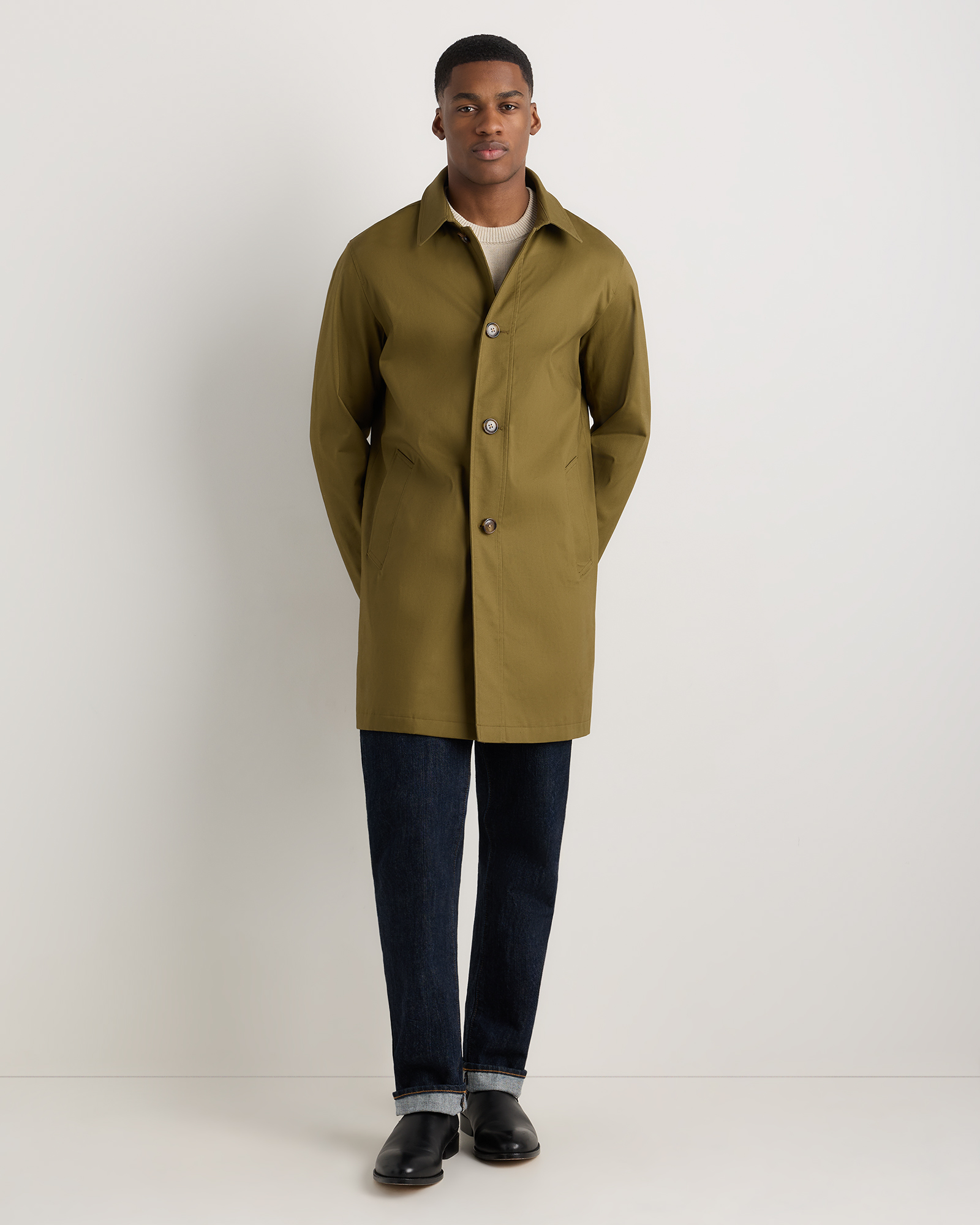 Men's Comfort Stretch Trench Coat in Military Olive