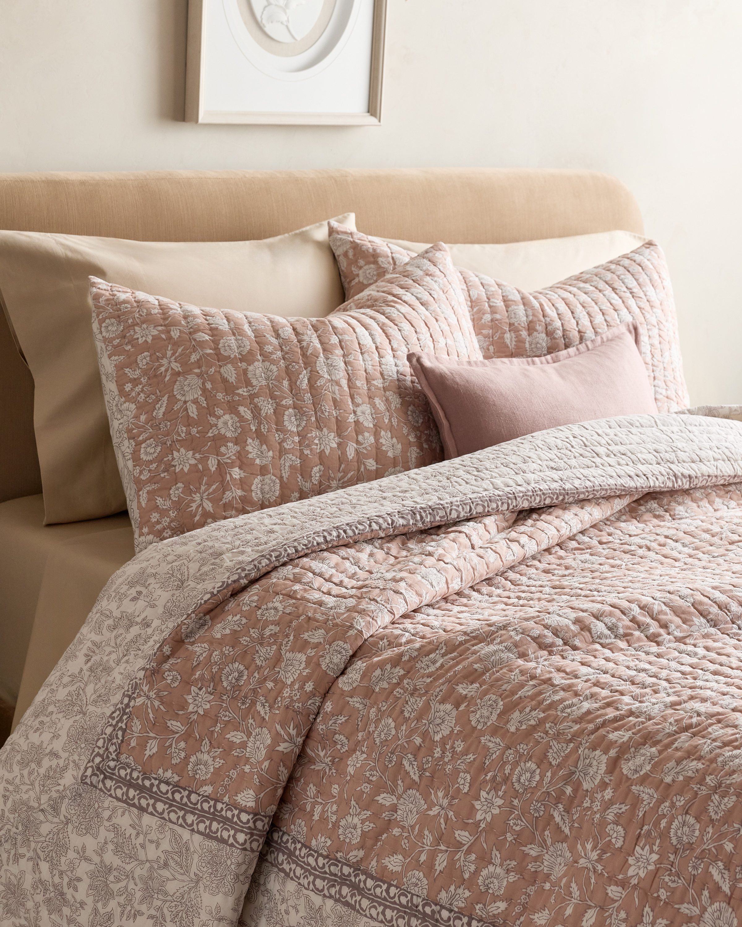 Rose Organic Cotton Block Print Quilted Sham Set