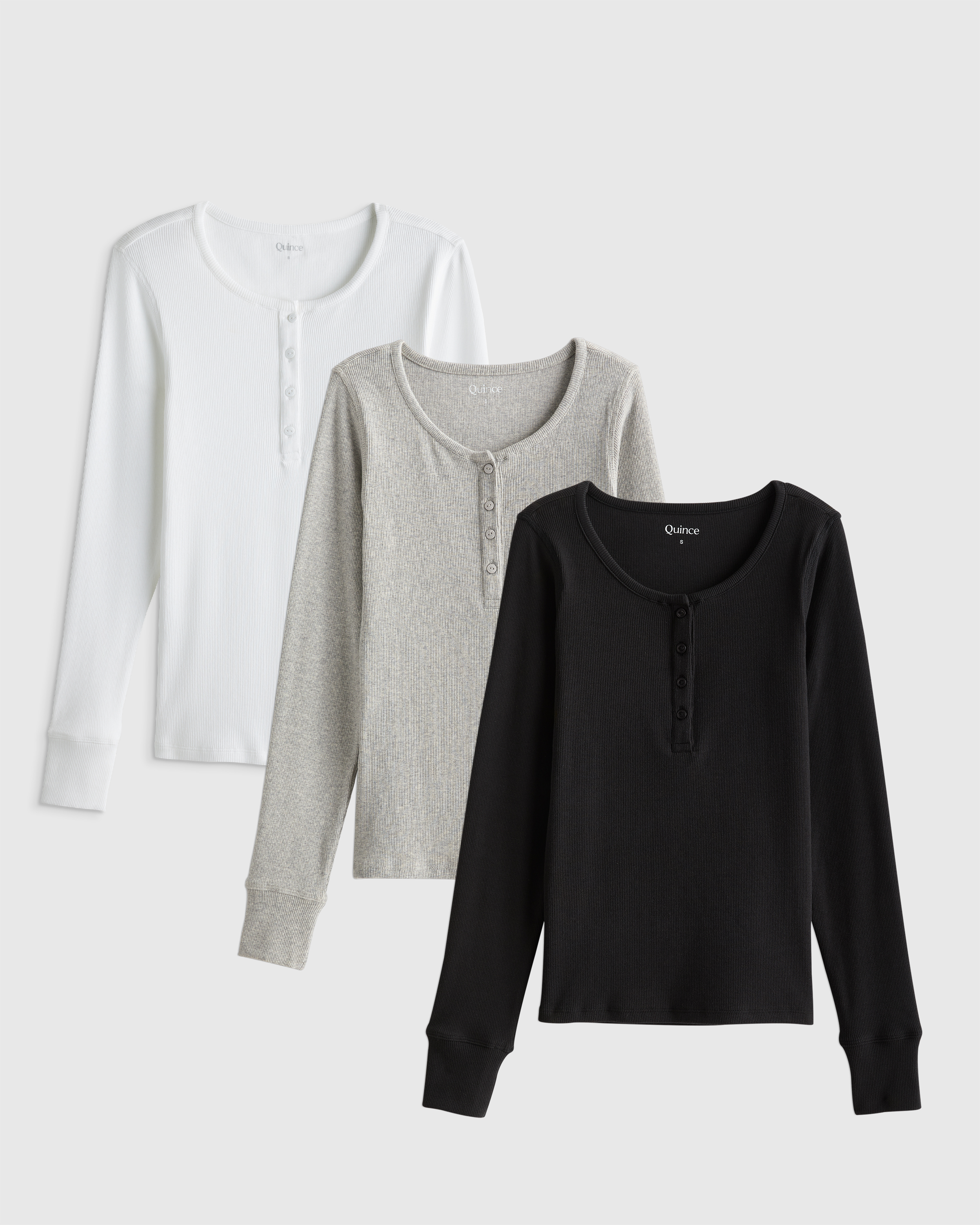 Soft White Organic Cotton Micro-Rib Long Sleeve Henley Tee 3 Pack Bundle