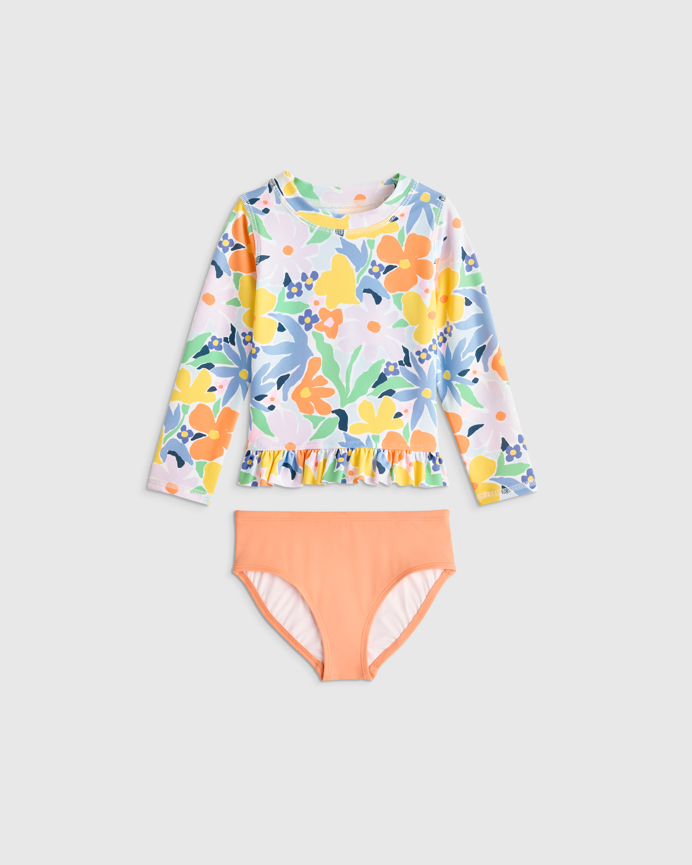 Poolside Floral Long Sleeve Ruffle Rash Guard Two-Piece Swimsuit
