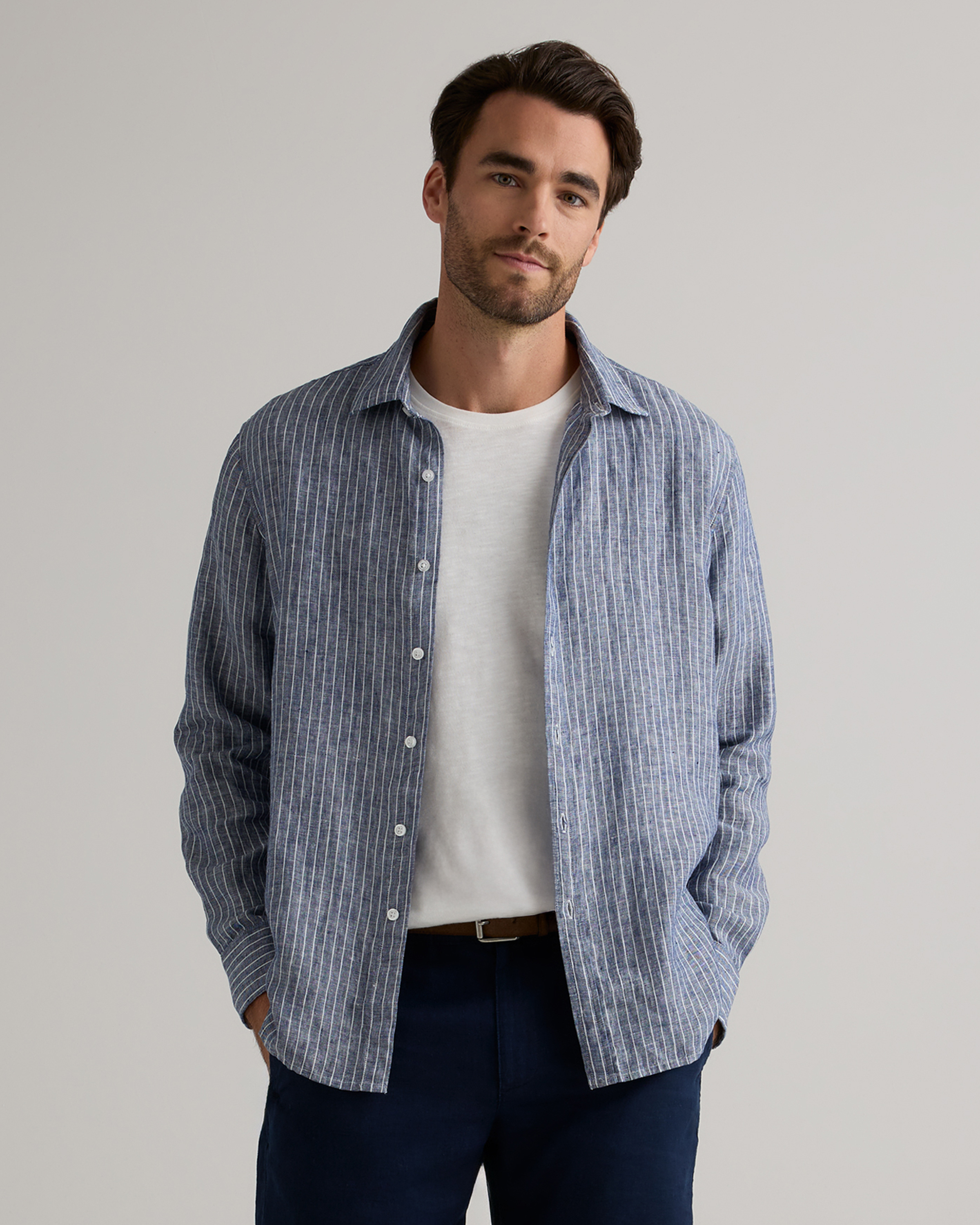 Chambray Stripe 100% European Linen Relaxed Long Sleeve Shirt
