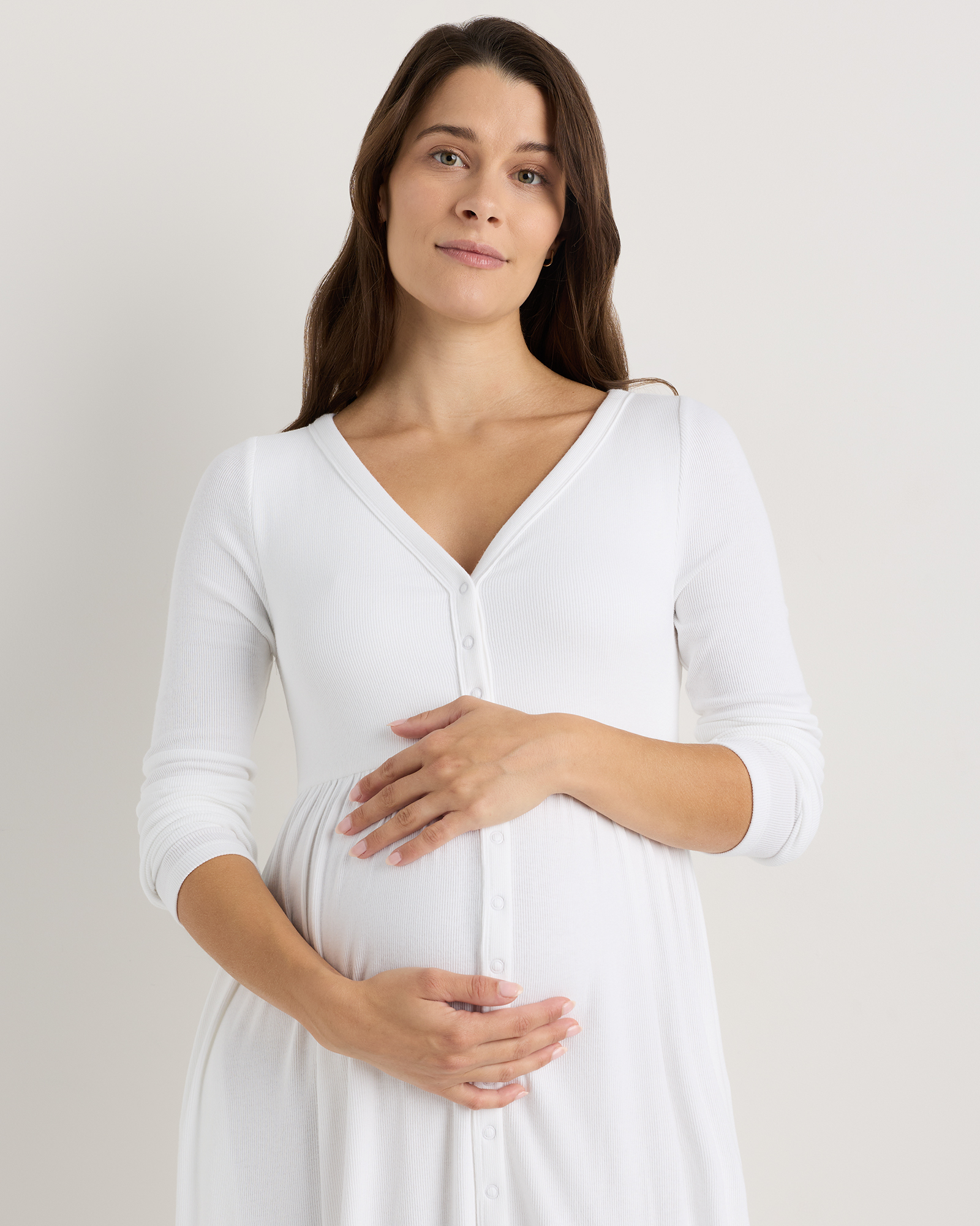 Bamboo Rib Maternity Long Sleeve Button Front Dress - Maternity in Classic  White