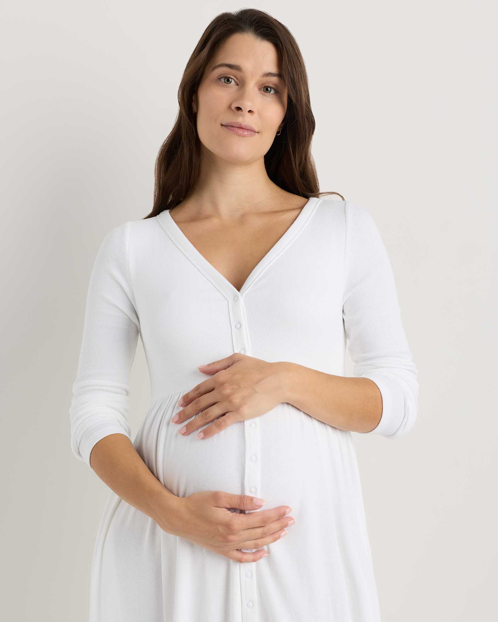 Bamboo Rib Maternity Long Sleeve Button Front Dress - Maternity in Classic White Bamboo Rib Maternity Long Sleeve Button Front Dress - Maternity in Classic White