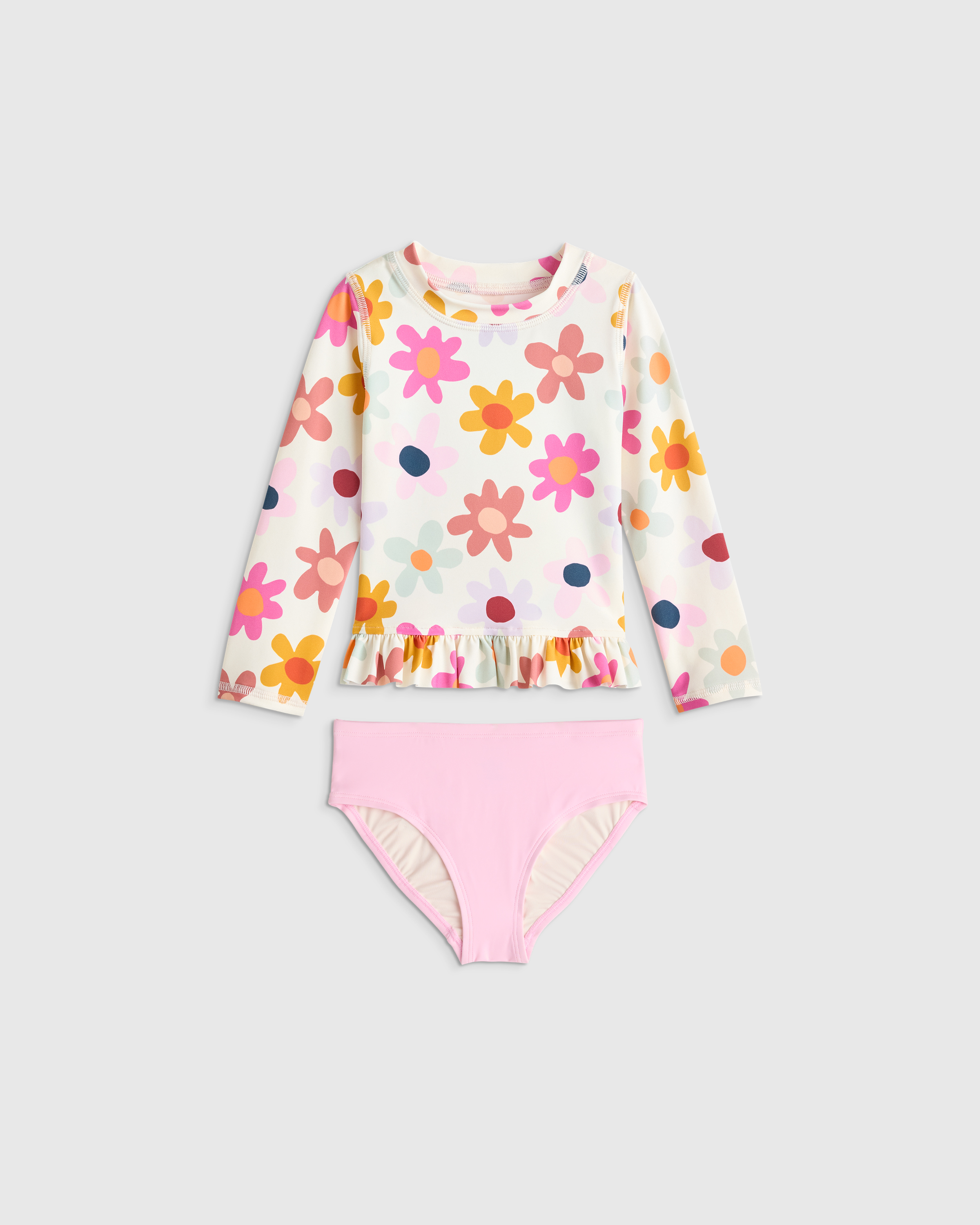 Happy Floral Long Sleeve Ruffle Rash Guard Two-Piece Swimsuit