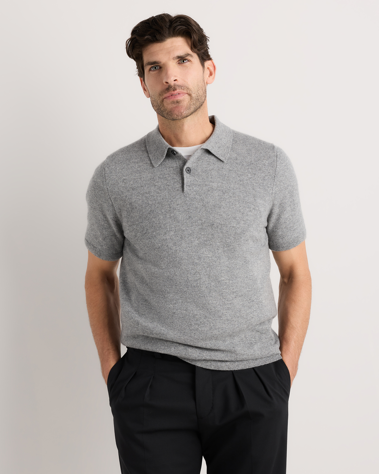 Heather Grey 100% Mongolian Cashmere Short Sleeve Polo Sweater