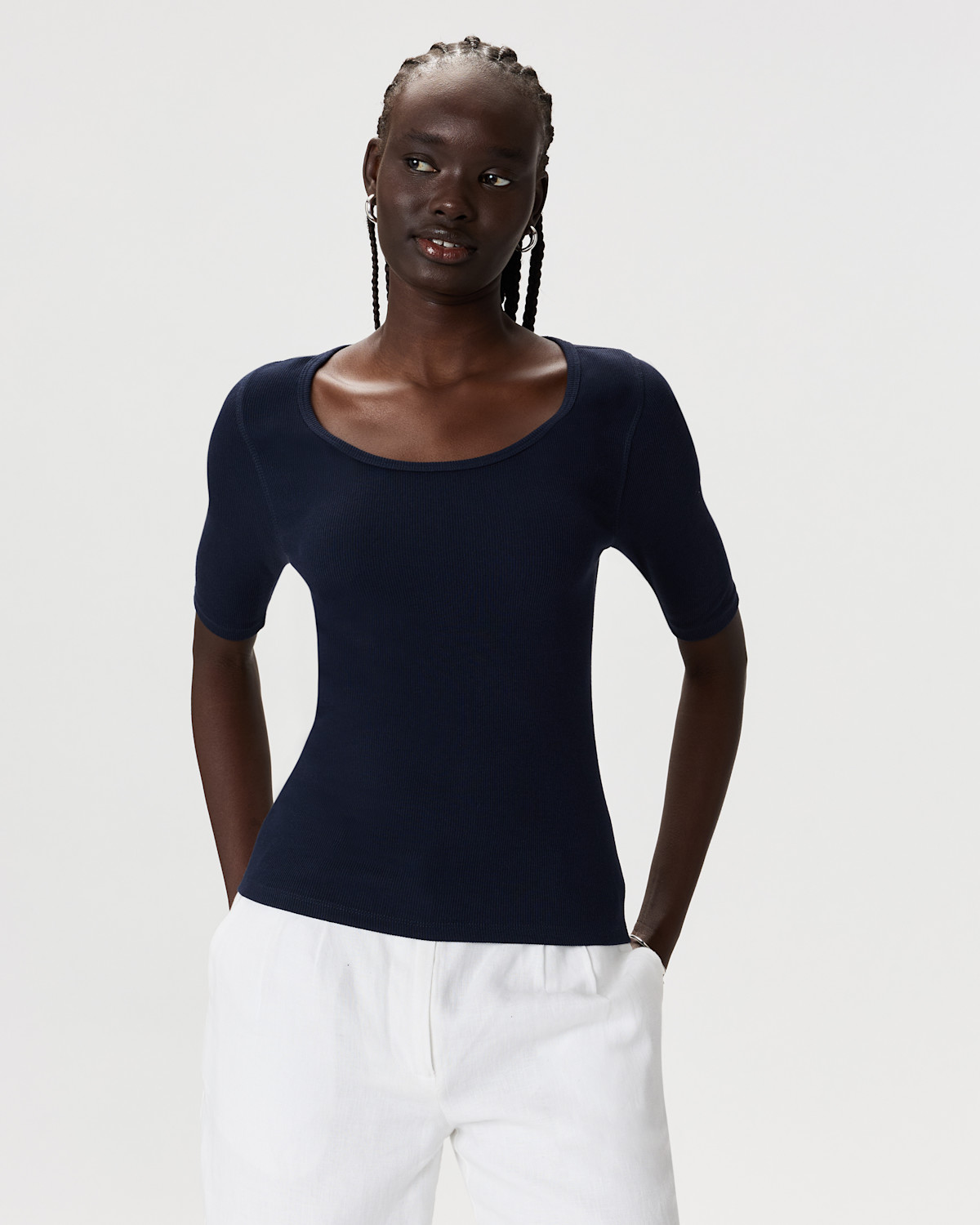 Organic Cotton Micro-Rib Elbow Sleeve Tee in Deep Navy