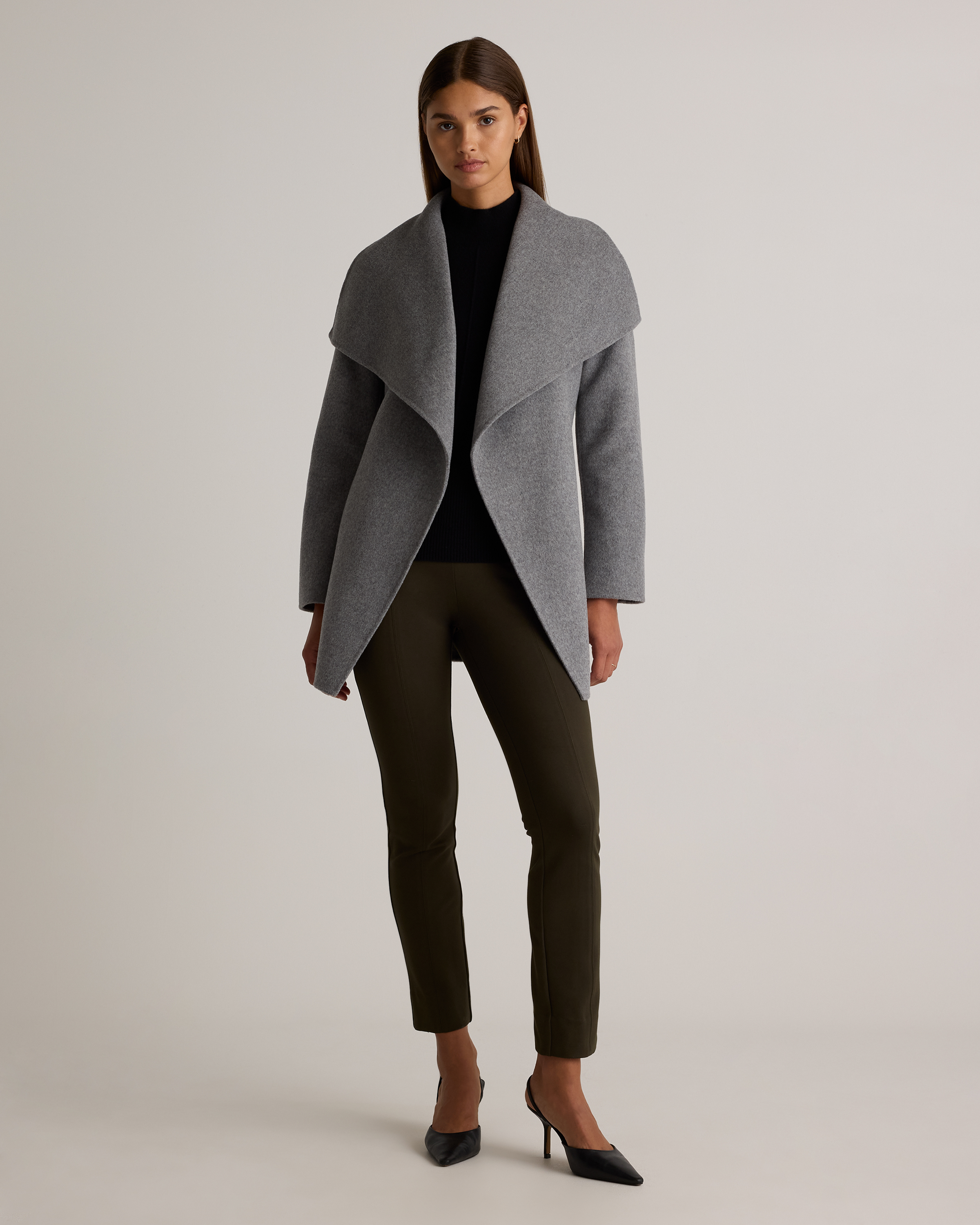 Double-Faced Merino Wool Draped Collar Short Wrap Coat in Heather Grey
