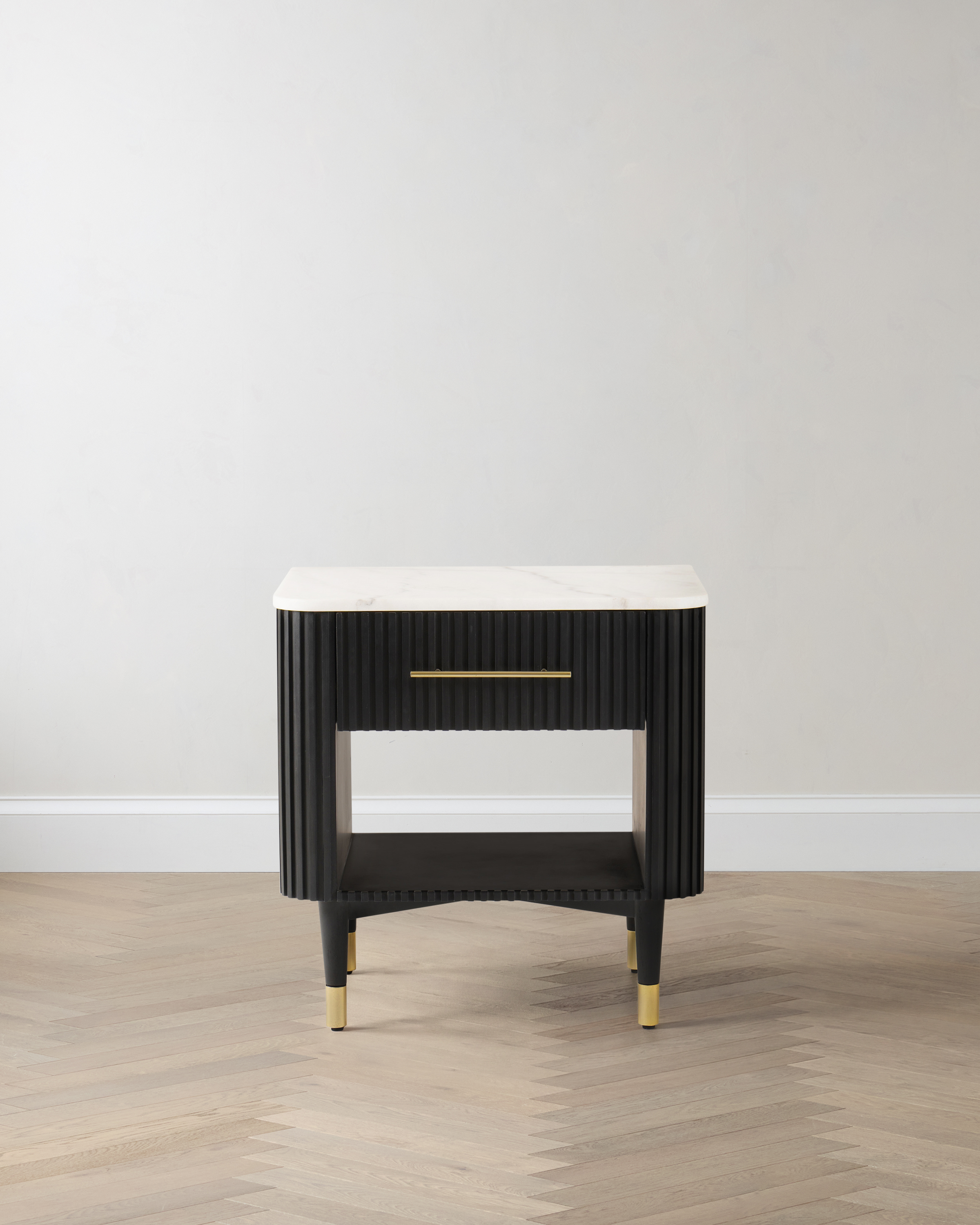 Cream/Black Fluted Wood and Genuine Marble Open Nightstand