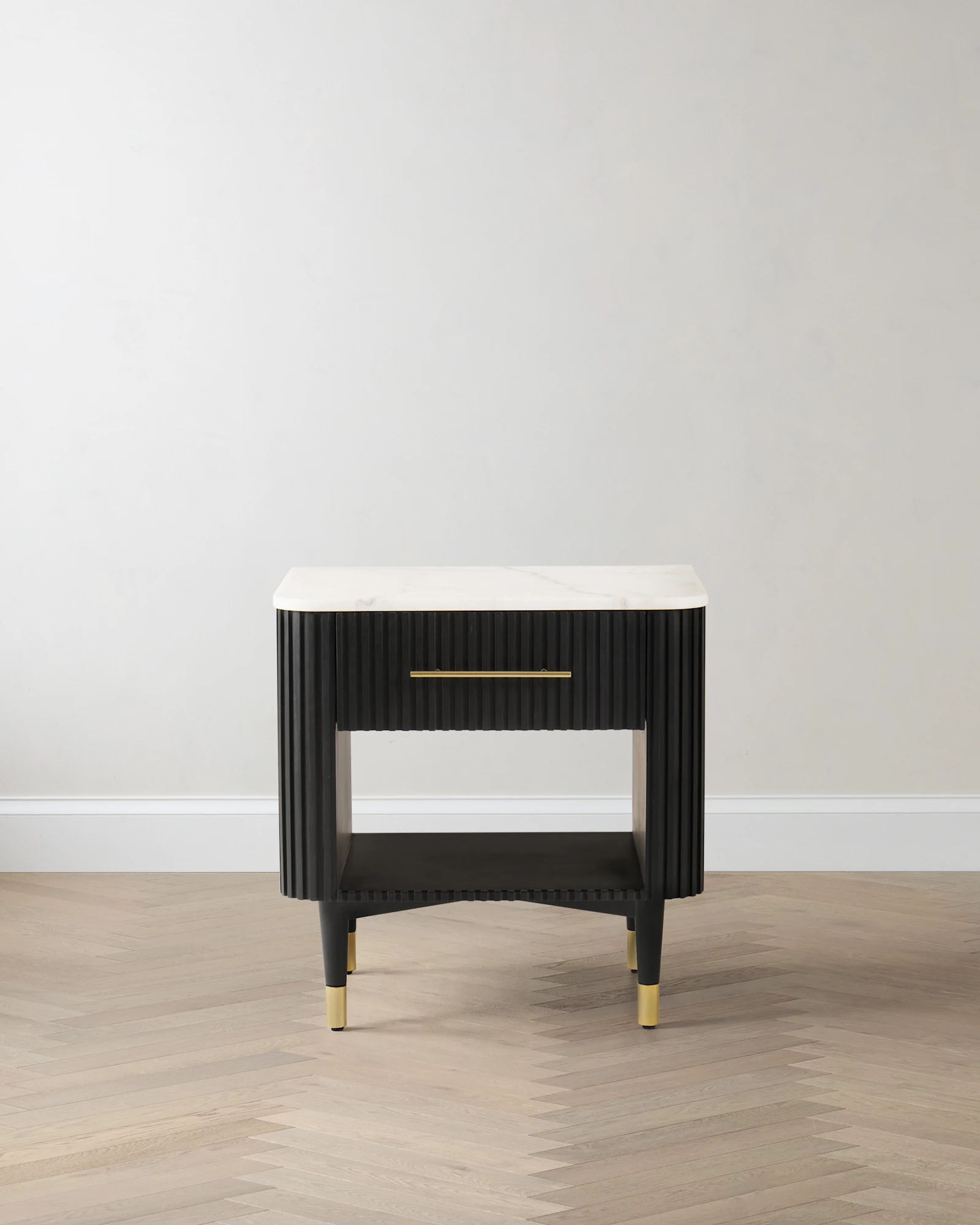 Fluted Wood and Genuine Marble Open Nightstand in Cream/Black