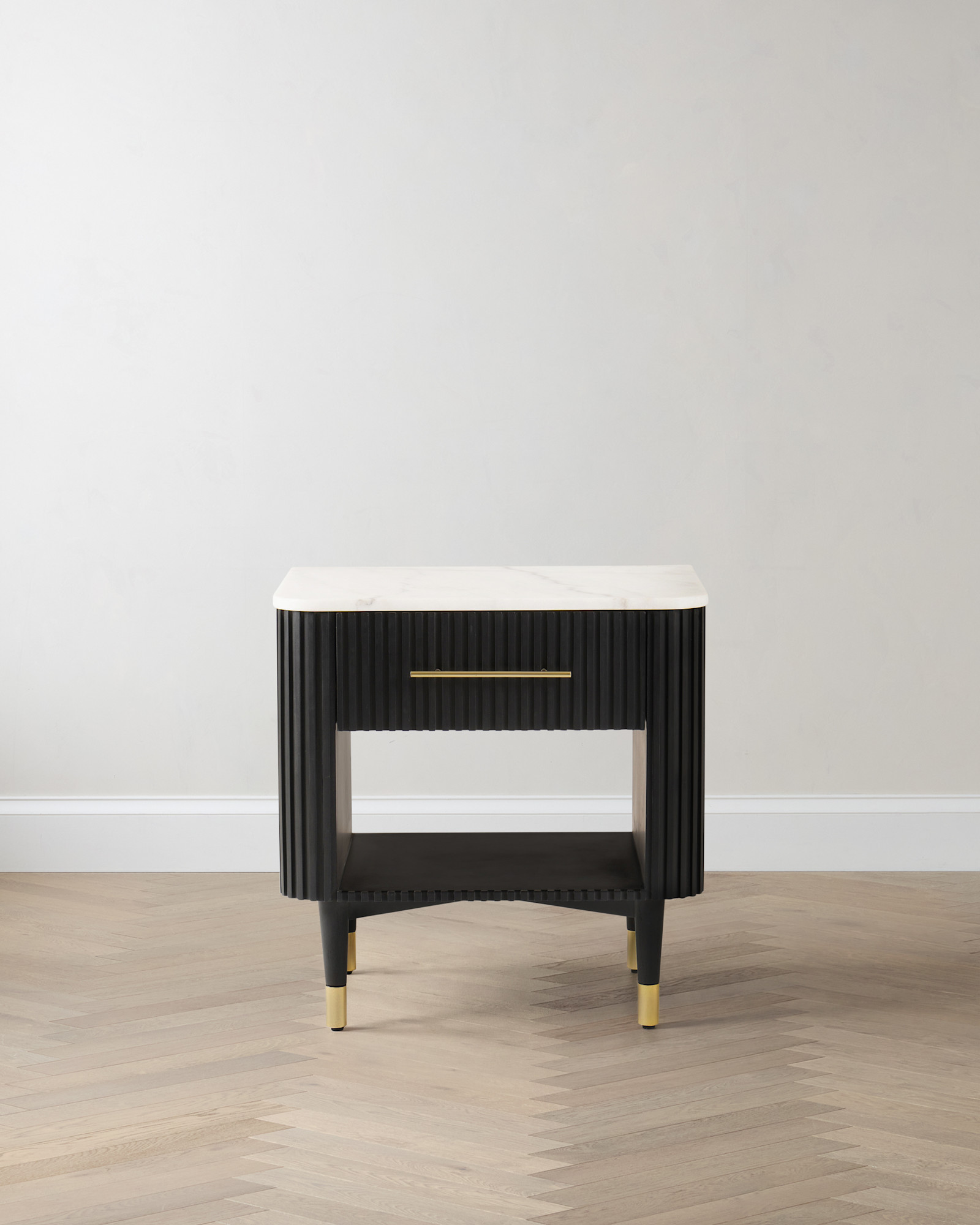 Ribbed Oak and Genuine Marble Pedestal Open Nightstand 1 (1)