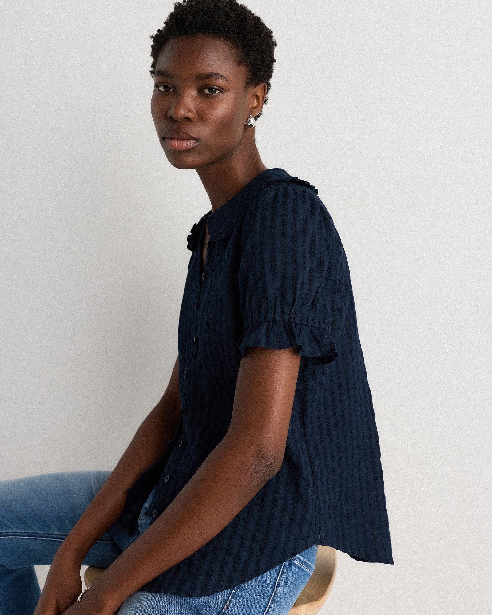カットソー(長袖+七分) Marabo Neck and Cuffs TOP Navy Women's Long Sleeve Notch Neck Scrub Top - Navy | Mandala Scrubs