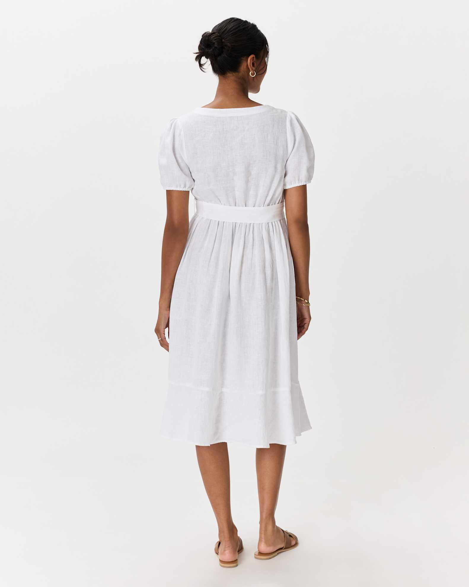 100% European Linen Maternity Short Sleeve Midi Dress in White 100% European Linen Maternity Short Sleeve Midi Dress in White